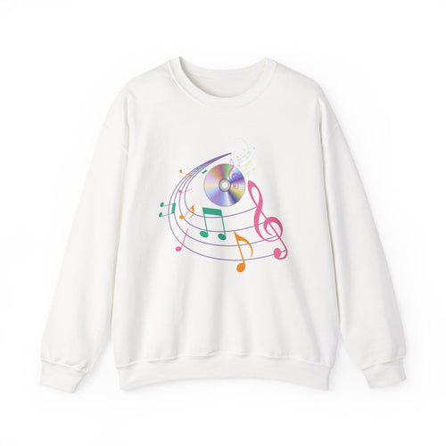 White sweatshirt with colorful music-themed design on a white background
