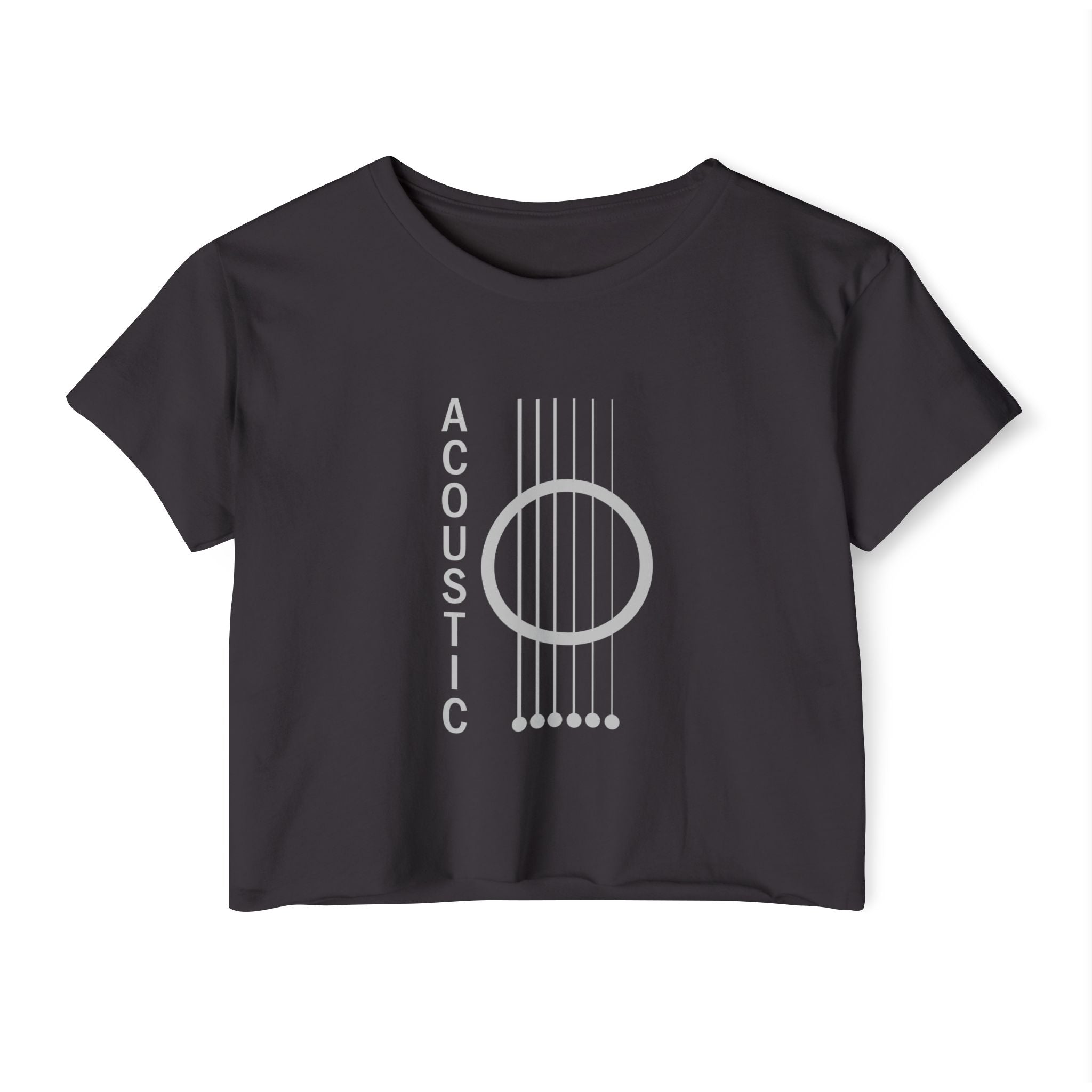 Black t-shirt with white acoustic guitar design and 'Acoustic' text on a white background