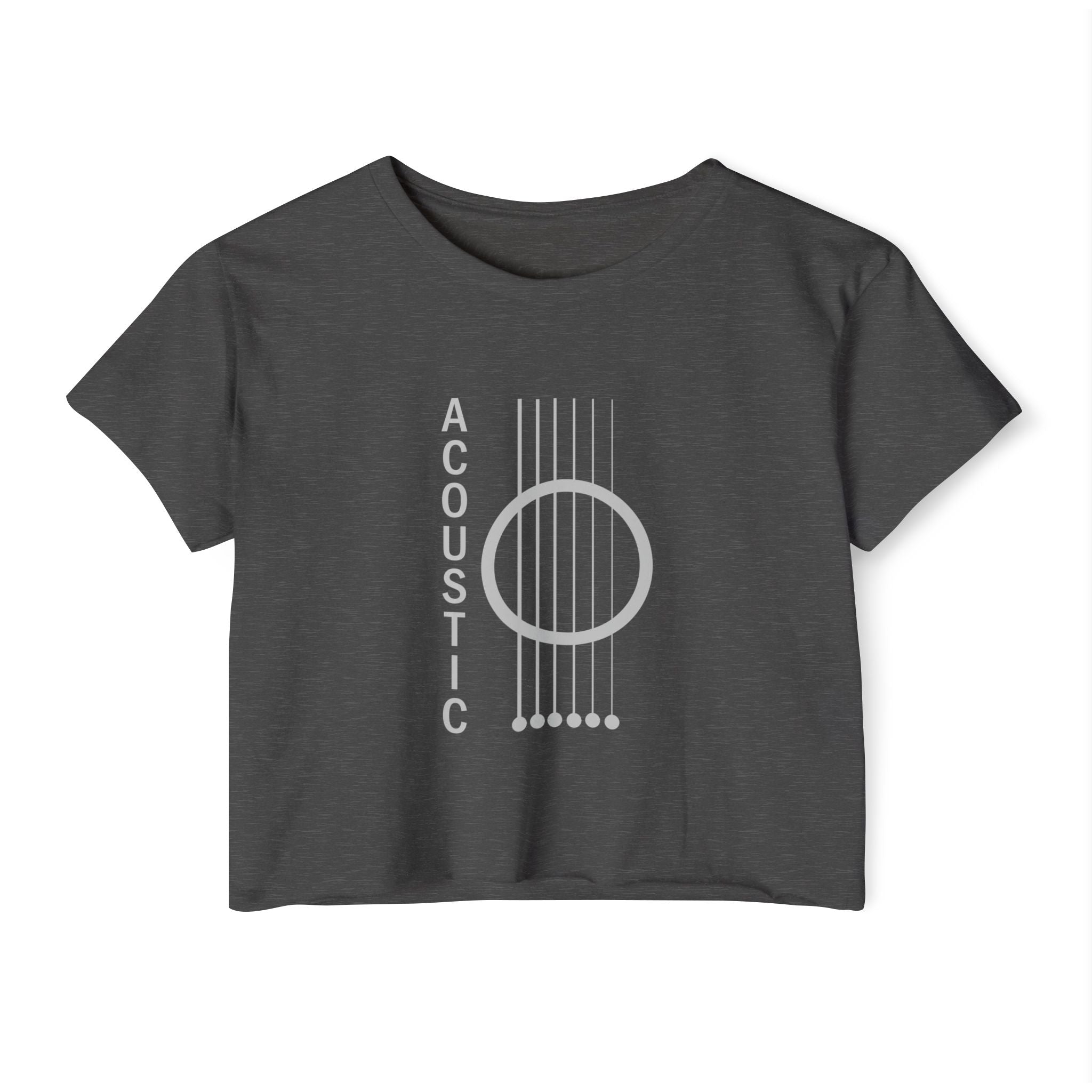 Charcoal gray t-shirt with white acoustic guitar graphic and 'Acoustic' text on a white background