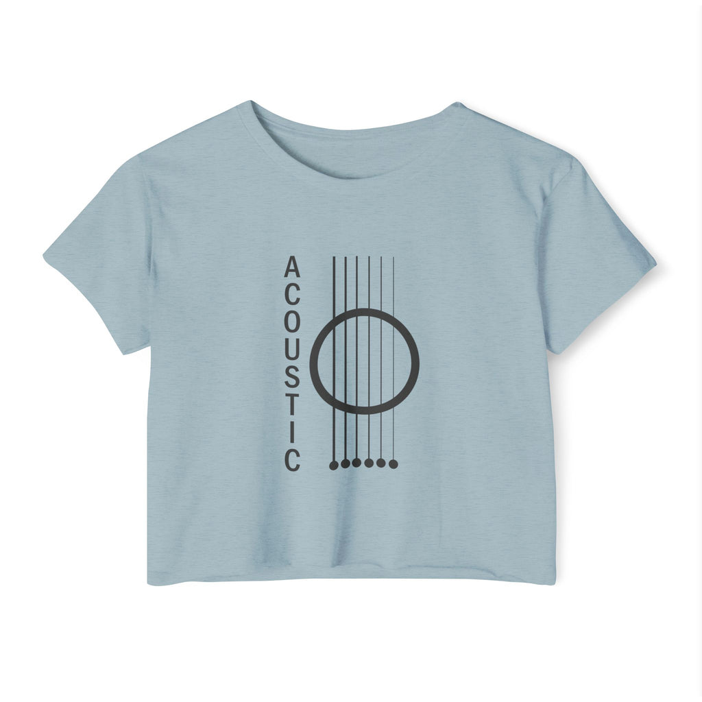 Stonewash denim light blue t-shirt with 'acoustic' design on a white background