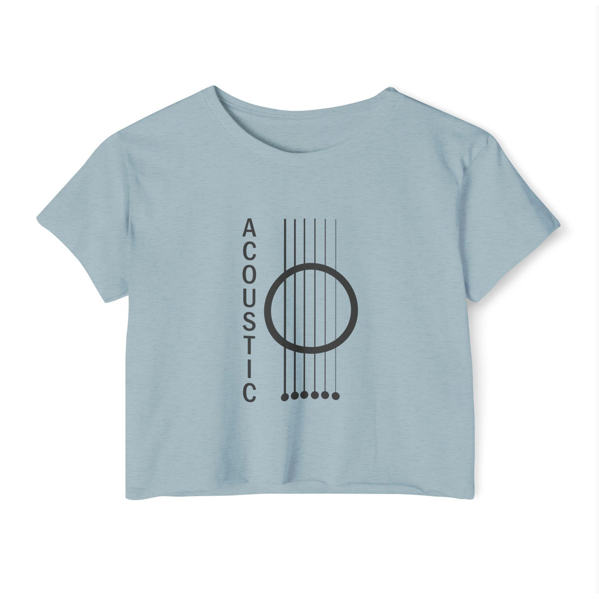 Stonewash denim light blue t-shirt with 'acoustic' design on a white background