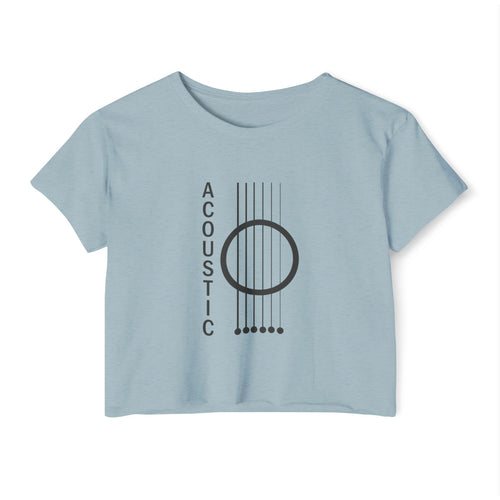 Stonewash denim light blue t-shirt with 'acoustic' design on a white background