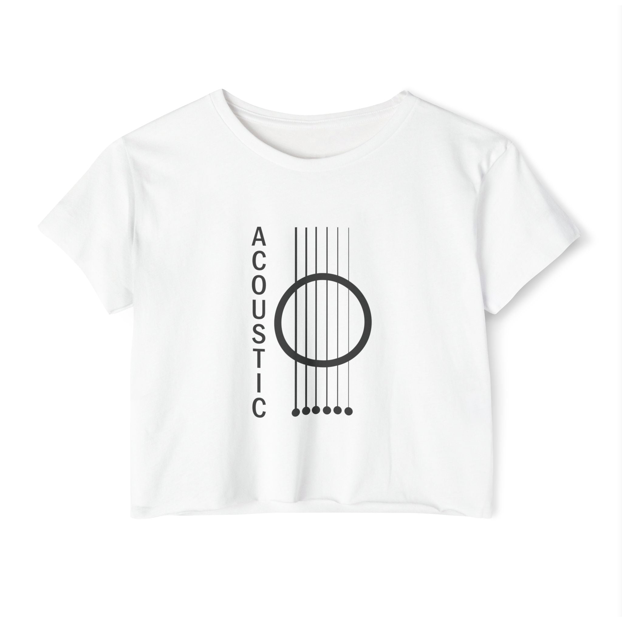 White t-shirt with black acoustic guitar design and 'Acoustic' text on a white background