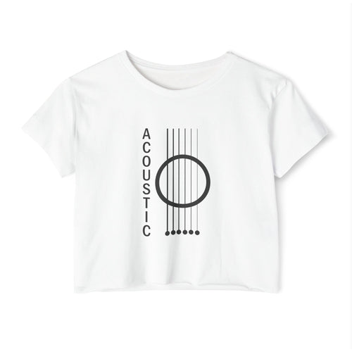White t-shirt with black acoustic guitar design and 'Acoustic' text on a white background