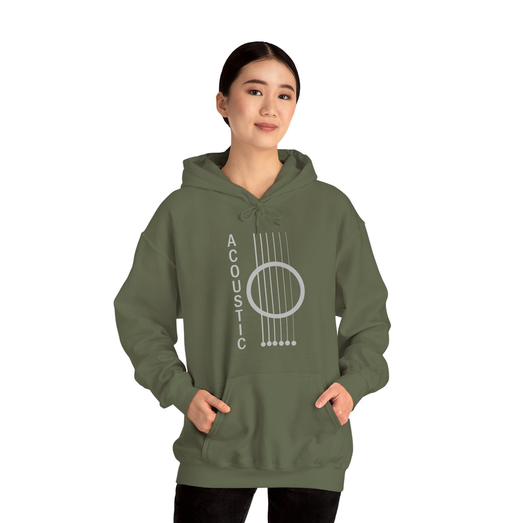 Person wearing a green hoodie with an acoustic guitar design on a white background