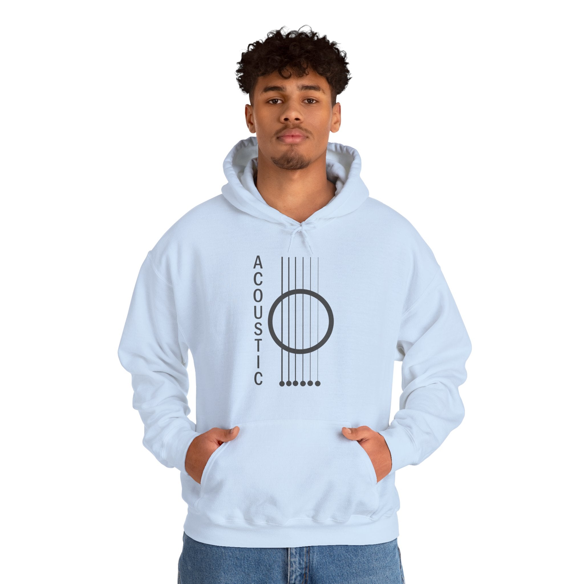 Person wearing a light blue hoodie with an acoustic guitar design on a white background