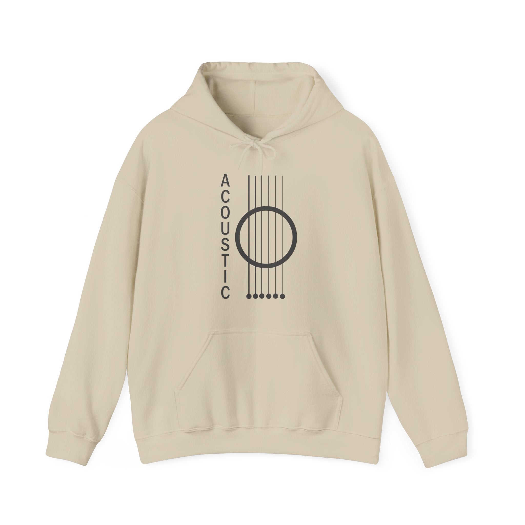 Beige hoodie with acoustic guitar design and 'Acoustic' text on a white background