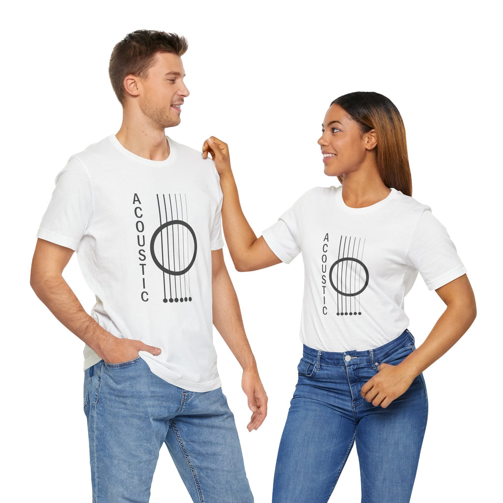 Two people wearing white t-shirts with acoustic guitar design on a white background
