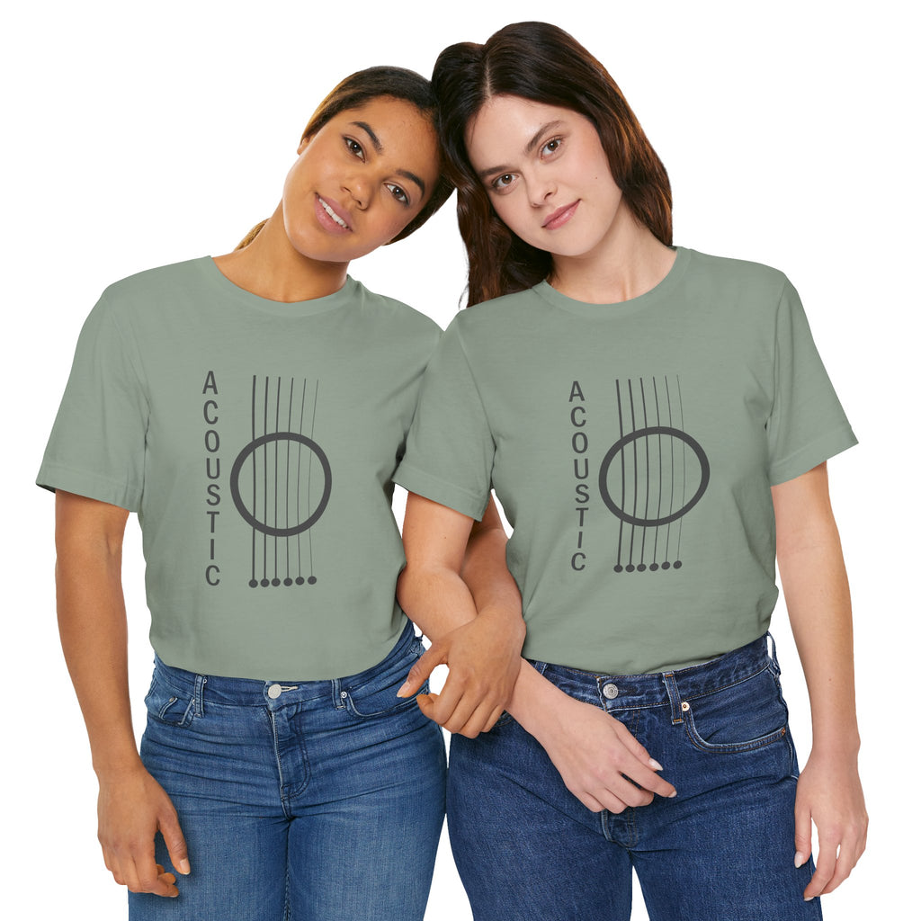 Two people wearing matching green t-shirts with 'Acoustic' design on a white background