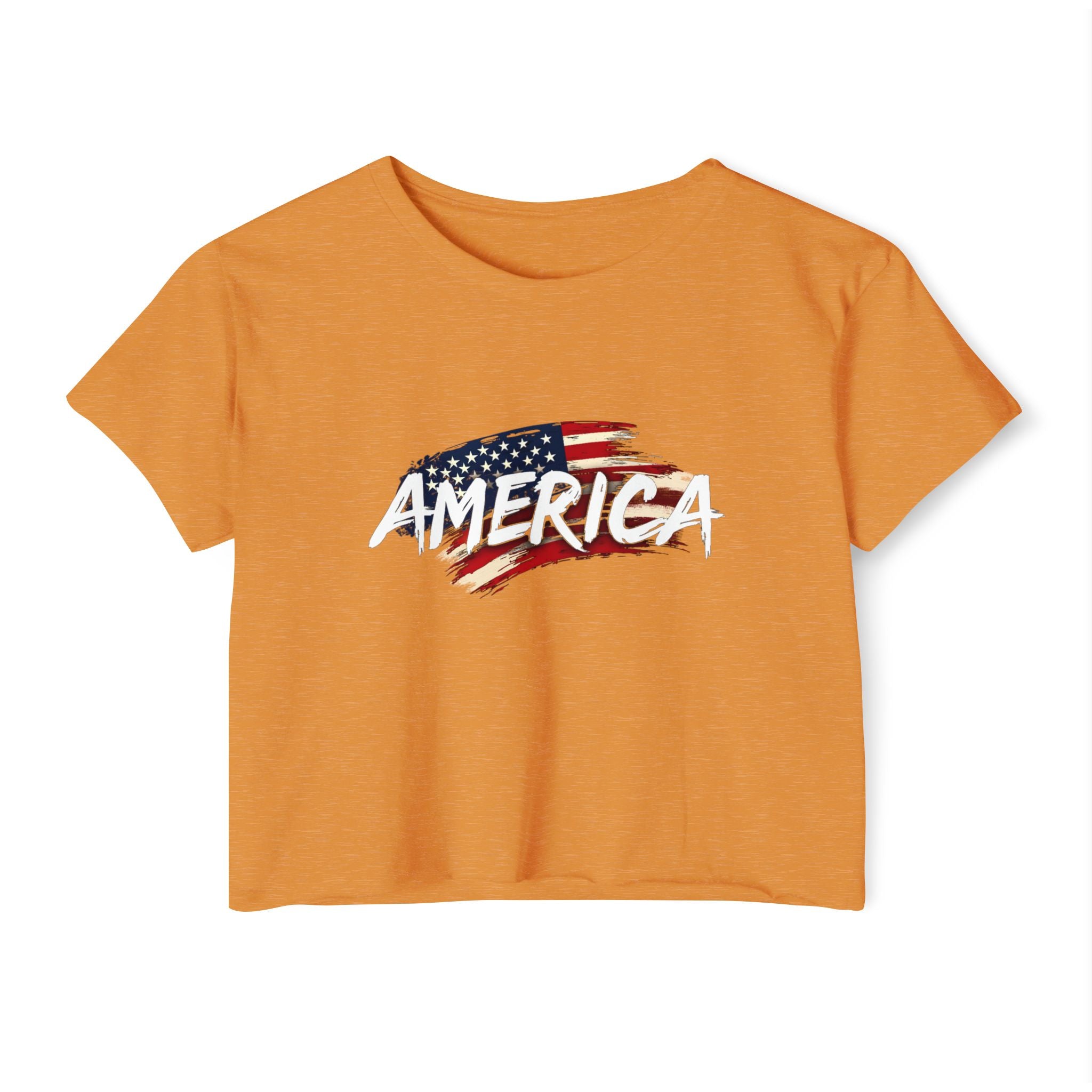 Antique gold orange t-shirt with 'AMERICA' and American flag graphic on a white background