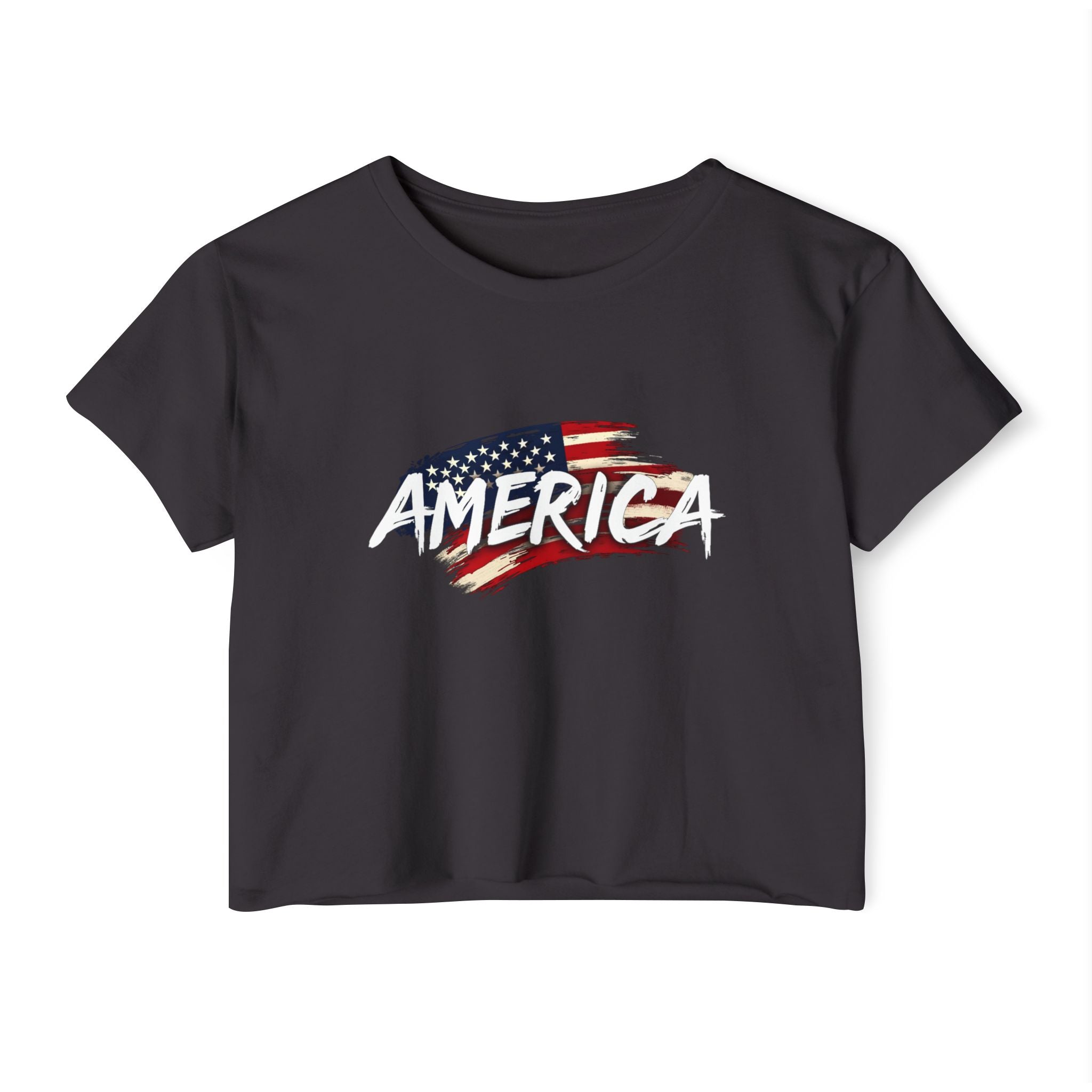 Black t-shirt with 'AMERICA' and an American flag design on a white background