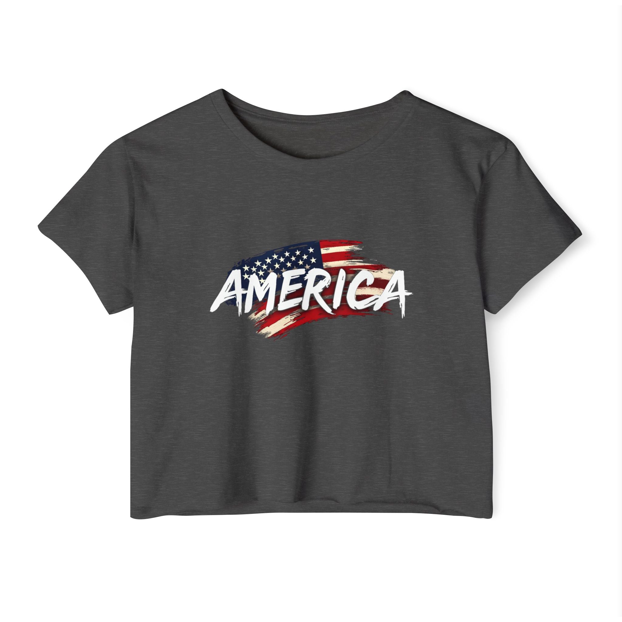 Charcoal gray t-shirt with 'AMERICA' and an American flag design on a white background