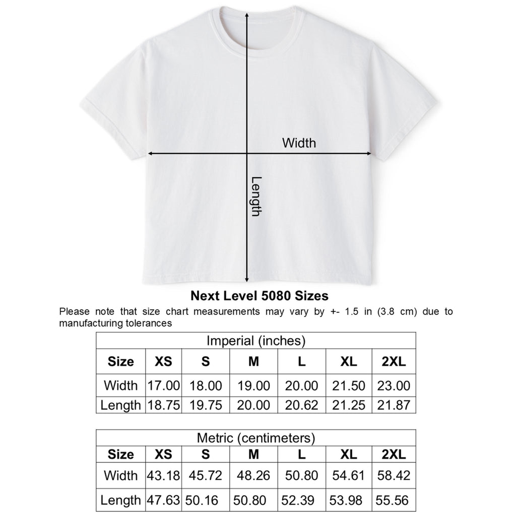 White t-shirt with measurement lines and size chart on a white background