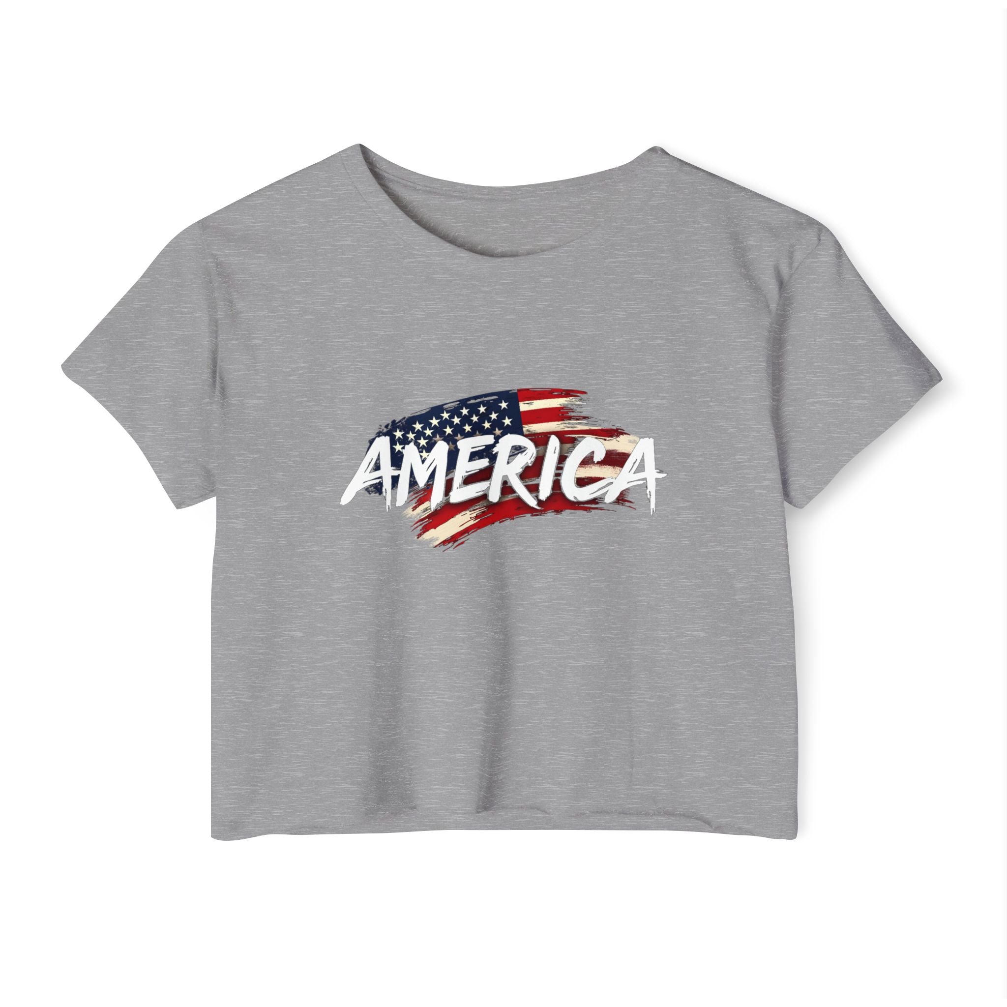 Gray t-shirt with 'AMERICA' and an American flag design on a white background