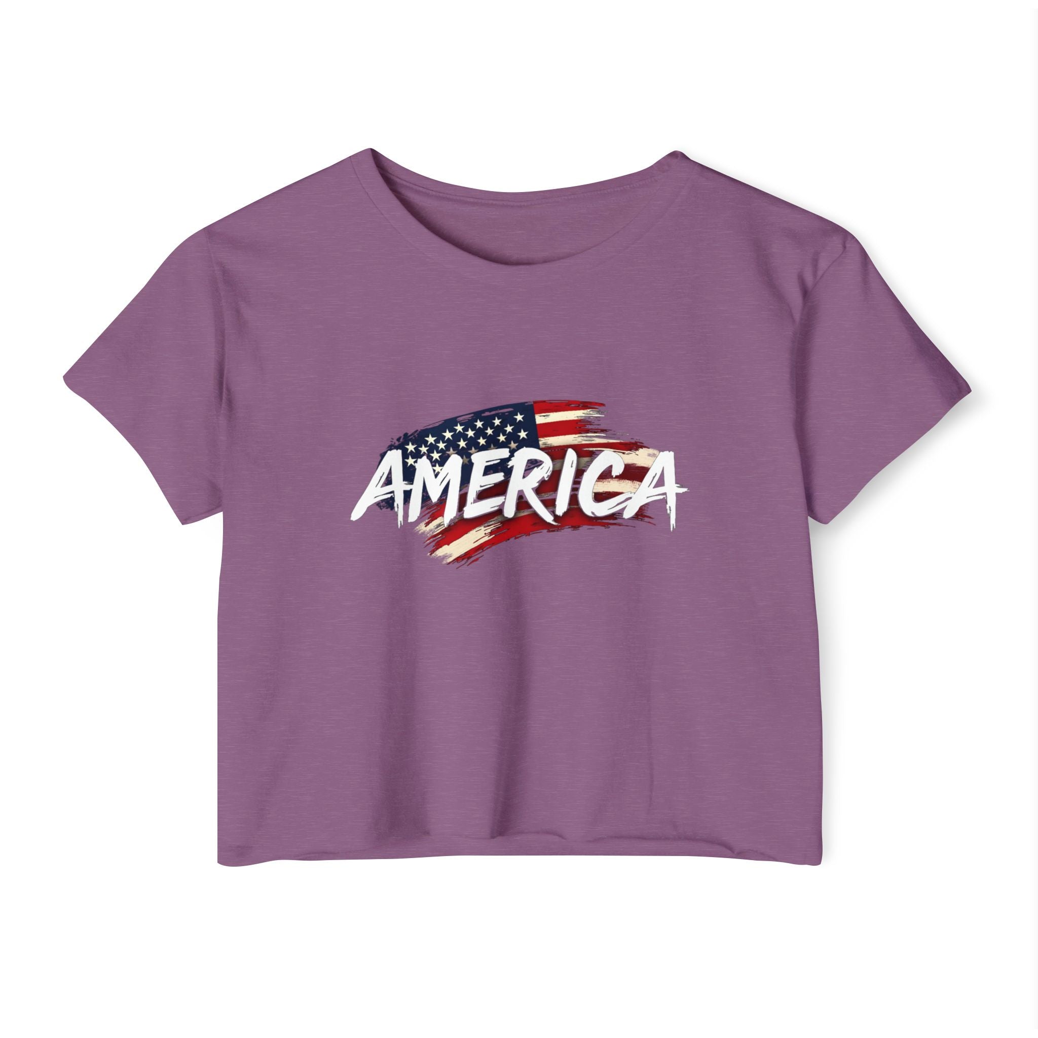 Shiraz purple t-shirt with 'AMERICA' and American flag design on a white background