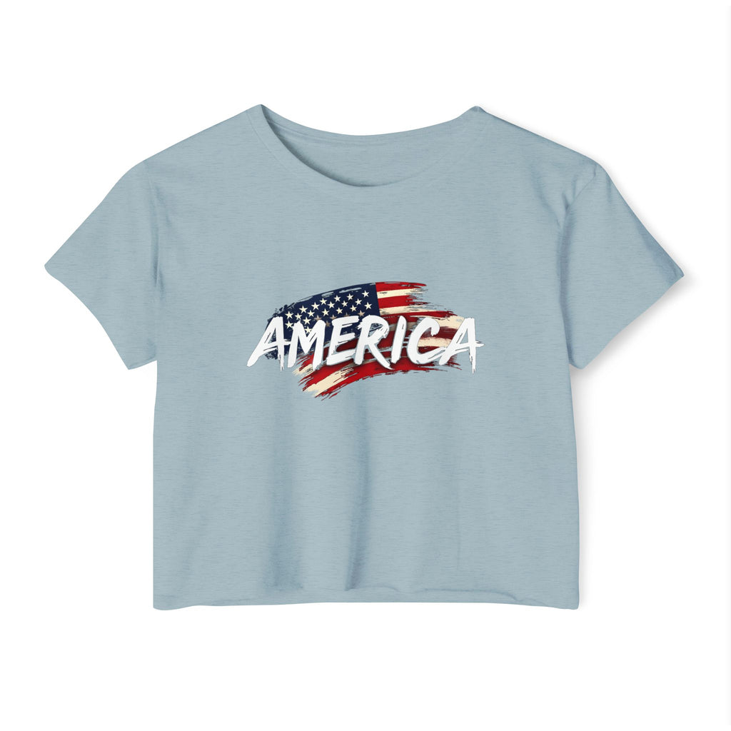 Stonewash denim light blue t-shirt with American flag graphic and 'AMERICA' text on a white background