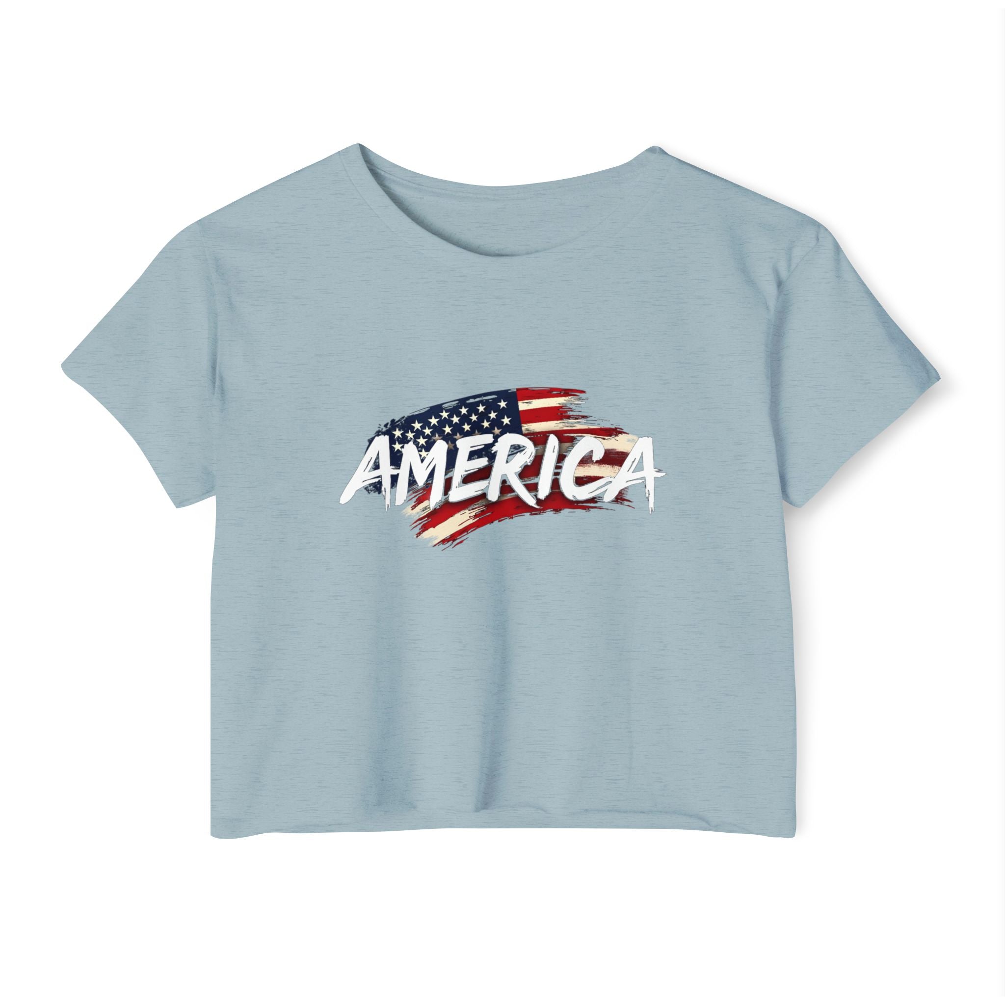 Stonewash denim light blue t-shirt with American flag graphic and 'AMERICA' text on a white background