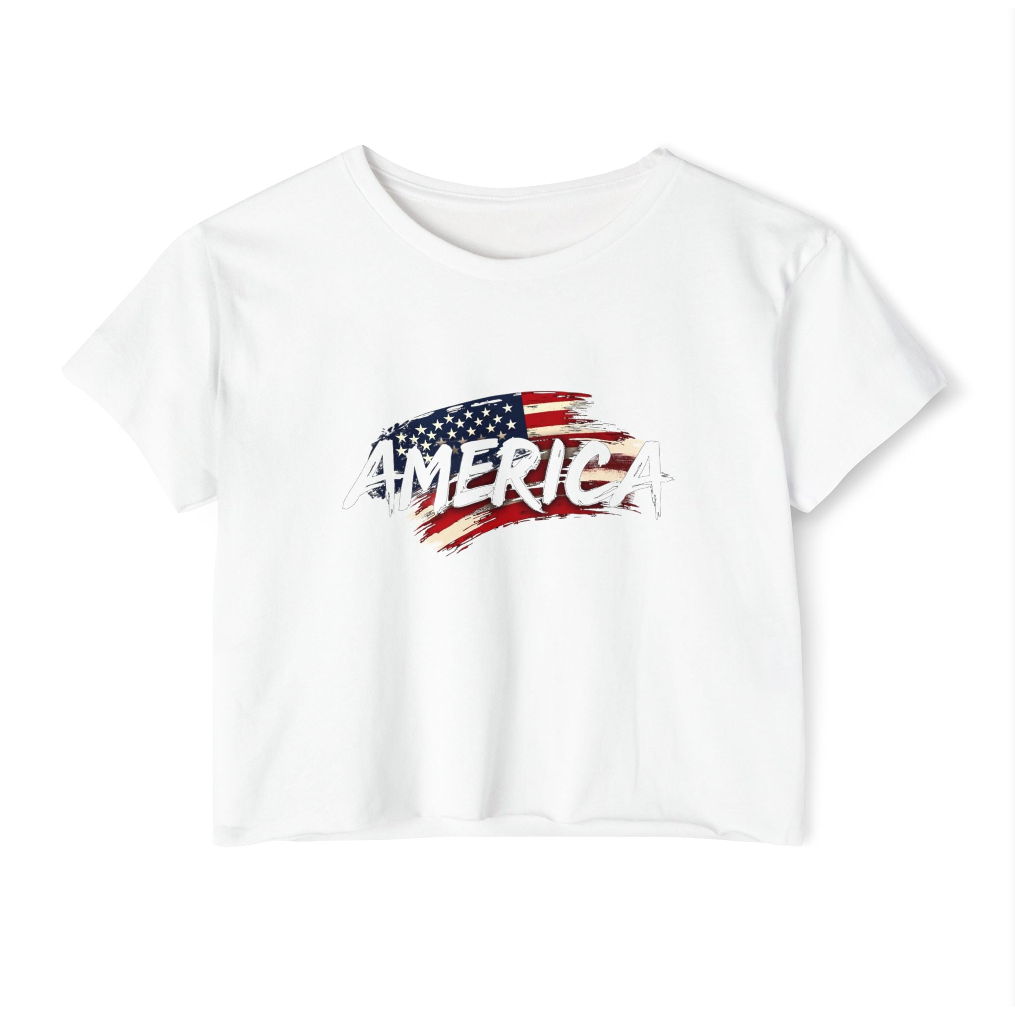 White t-shirt with 'America' graphic design featuring an American flag on a white background