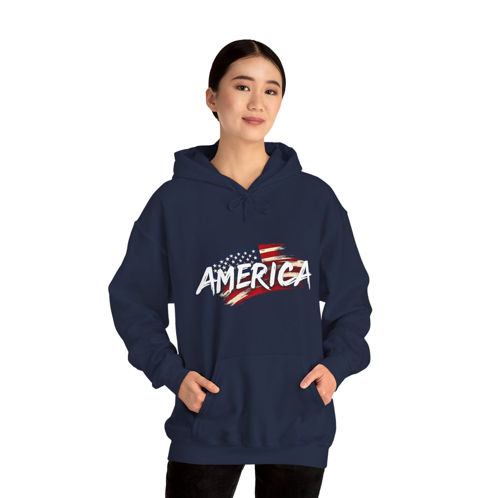 Person wearing a navy blue hoodie with 'AMERICA' design on a white background