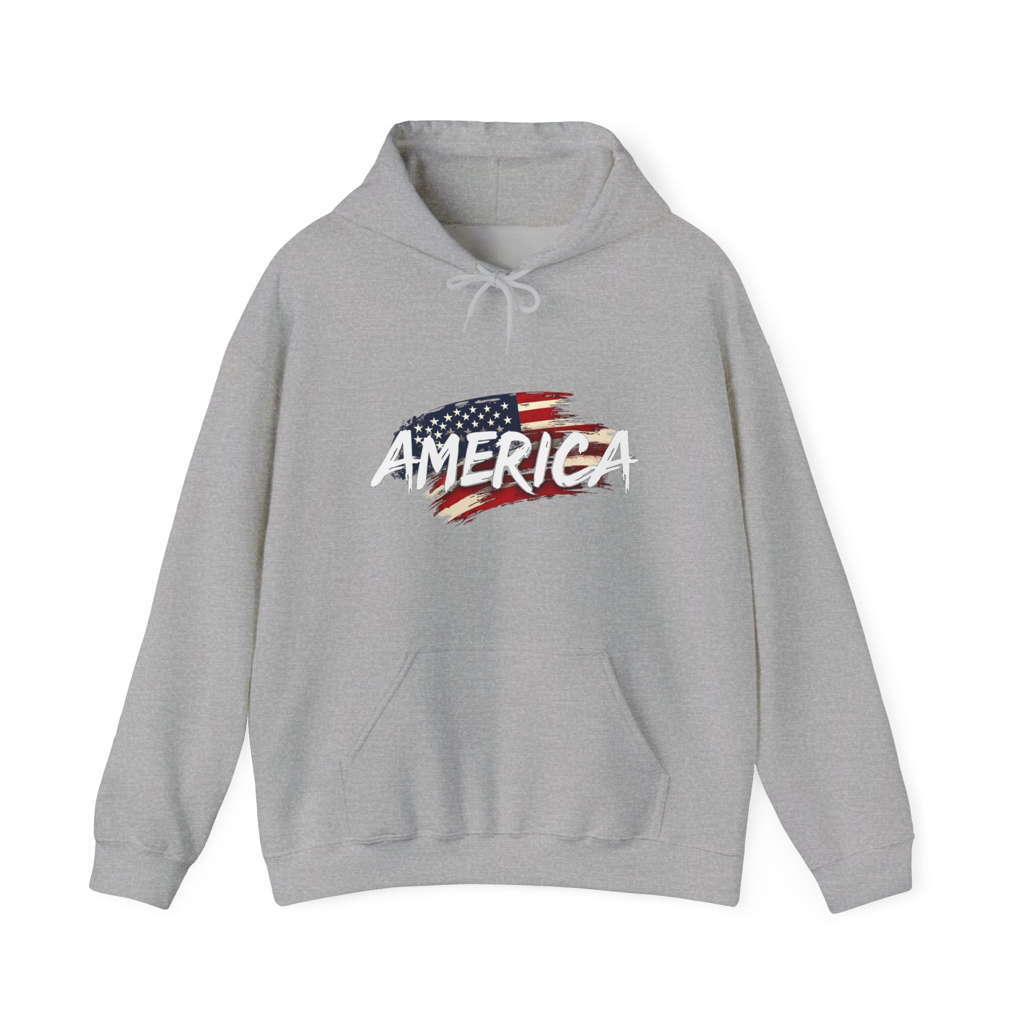 Gray hoodie with 'America' and American flag design on a white background