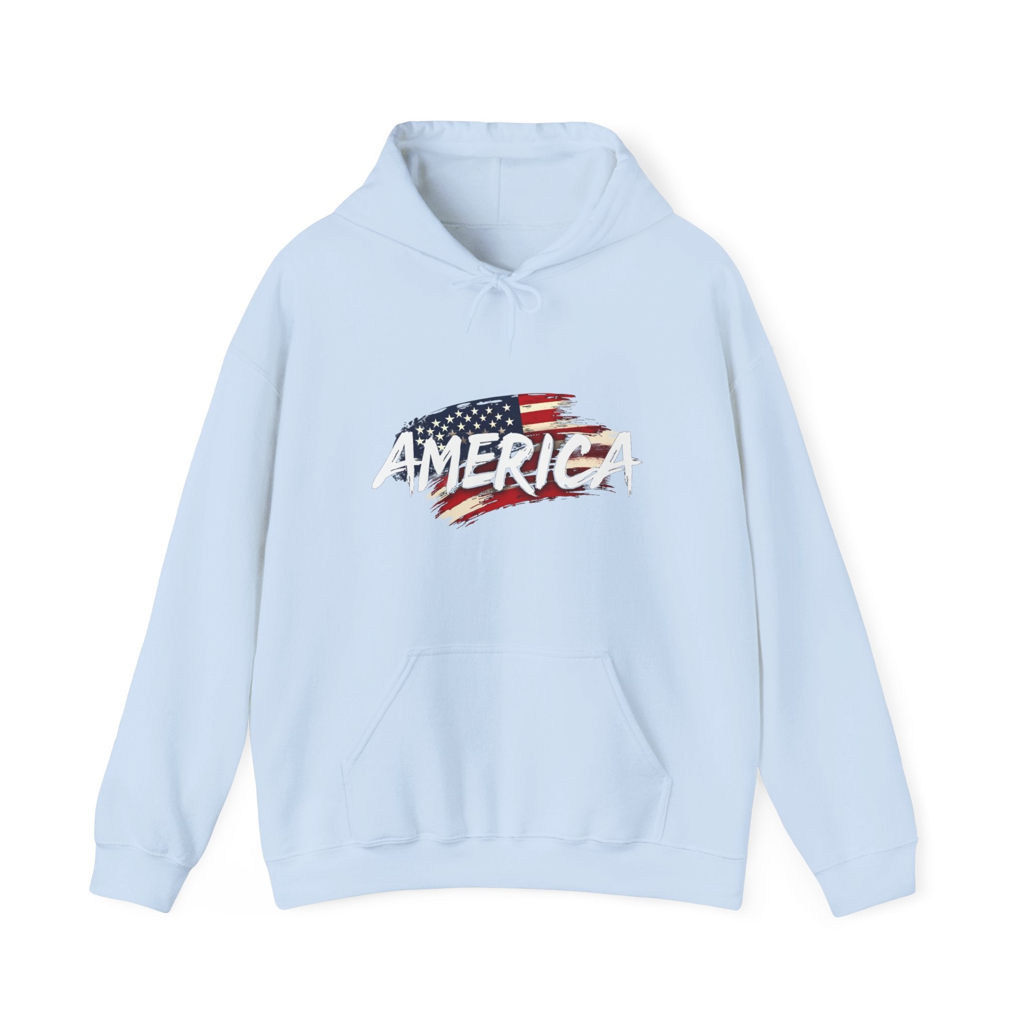 Light blue hoodie with American flag design on a white background