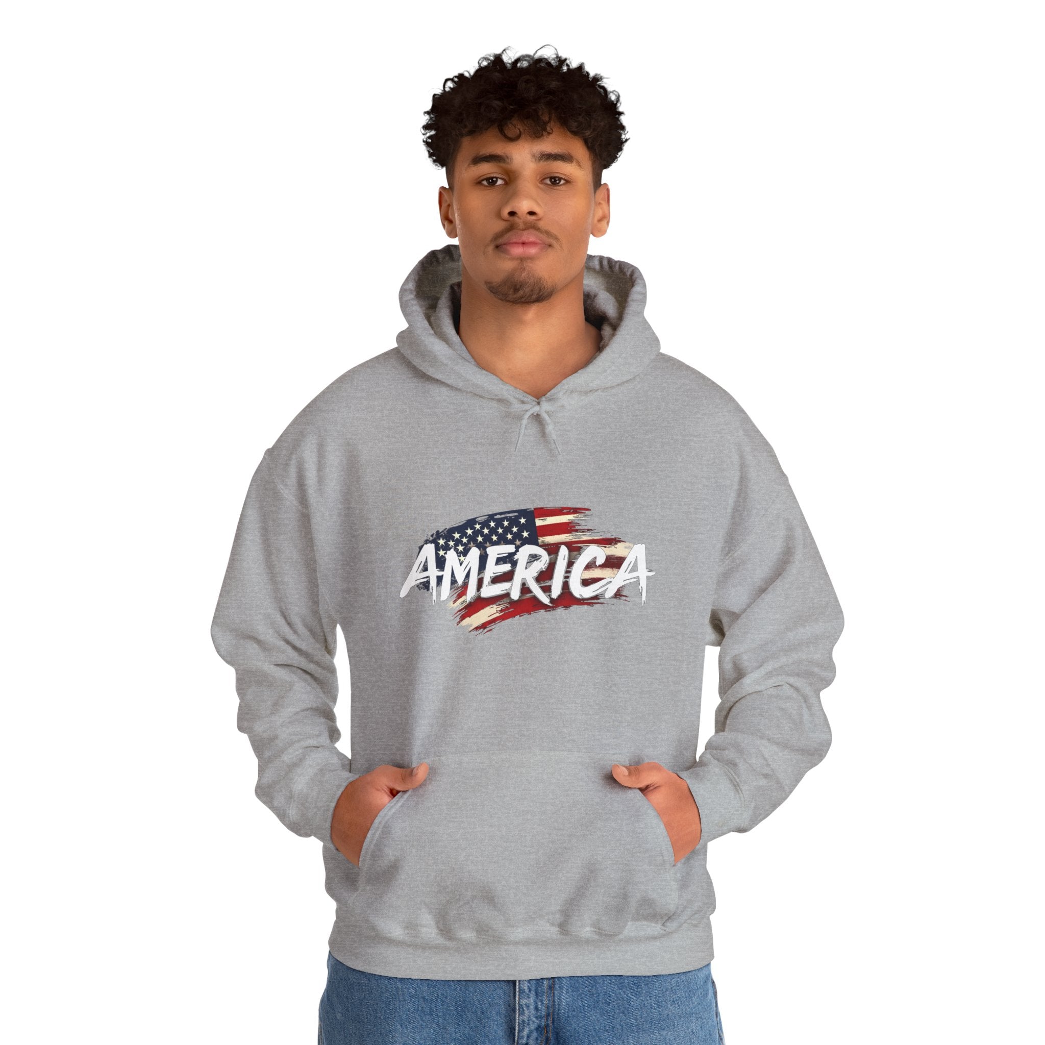 Person wearing a gray hoodie with 'AMERICA' and an American flag design on a white background