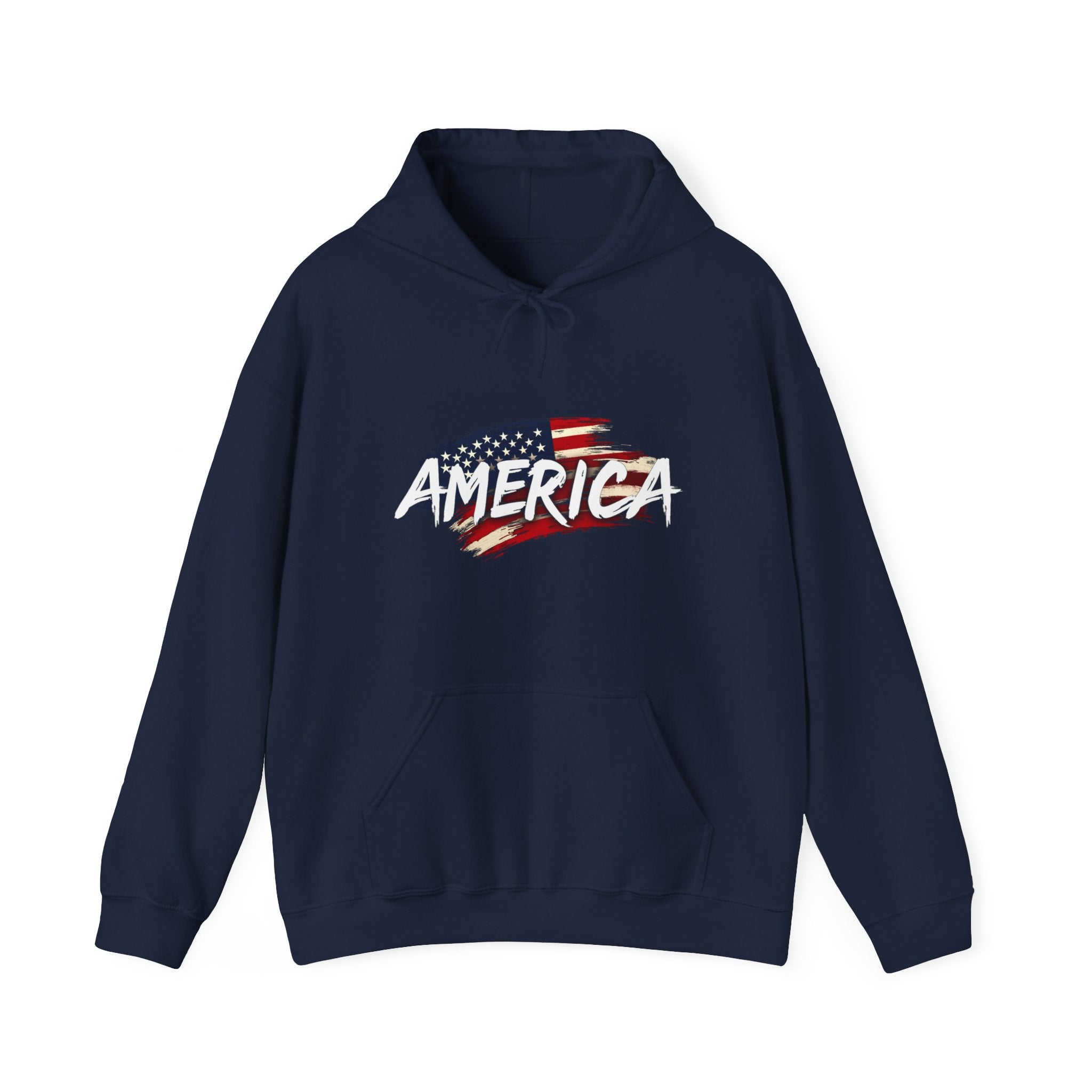Navy blue hoodie with 'America' and American flag design on a white background