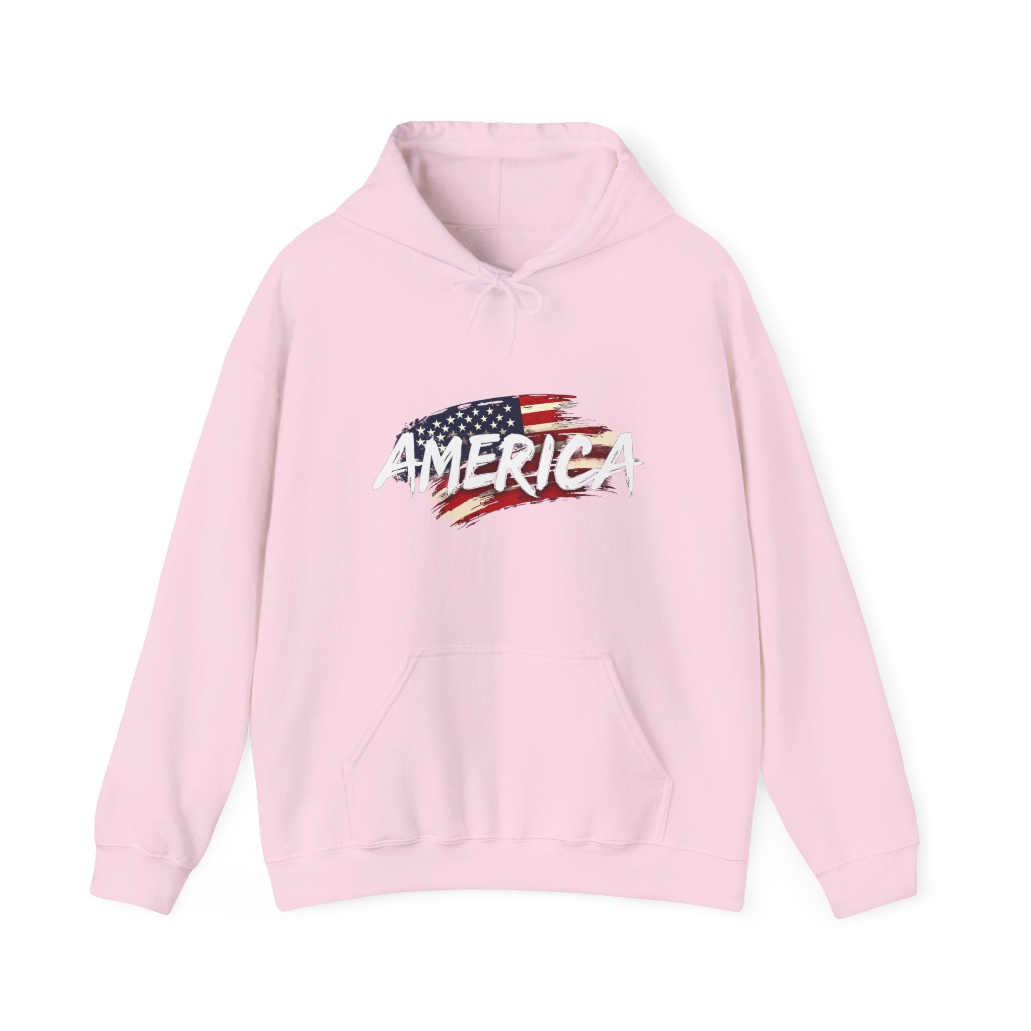 Pink hoodie with American flag design on a white background