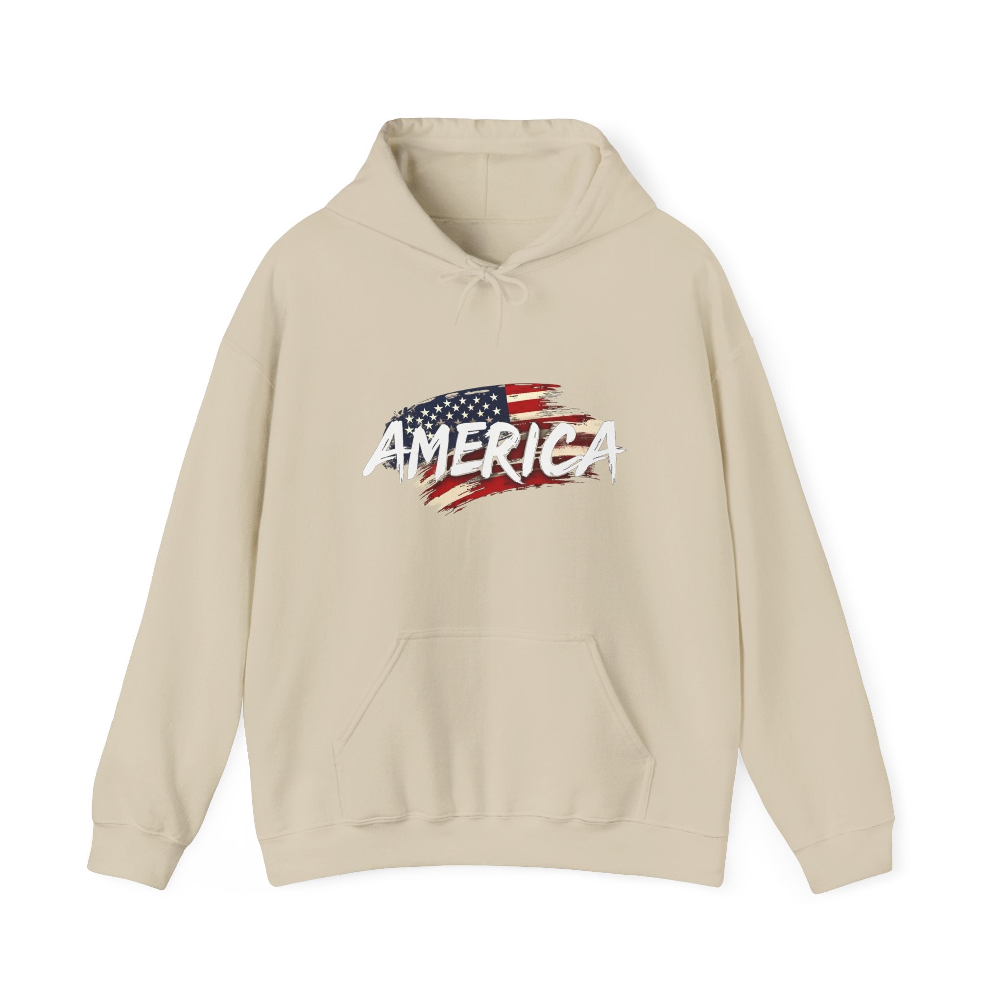 Beige hoodie with American flag design on a white background