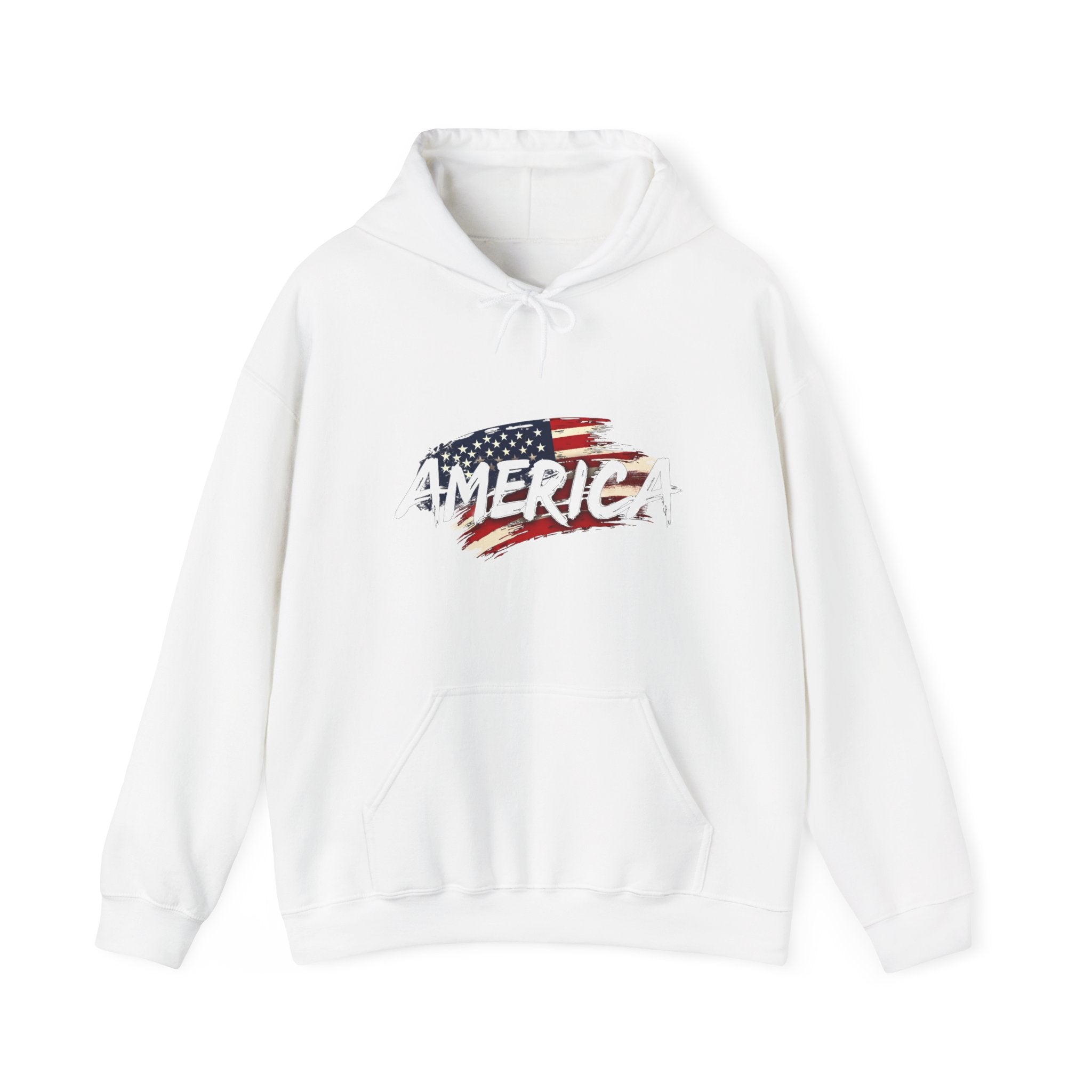 White hoodie with American flag design on a white background