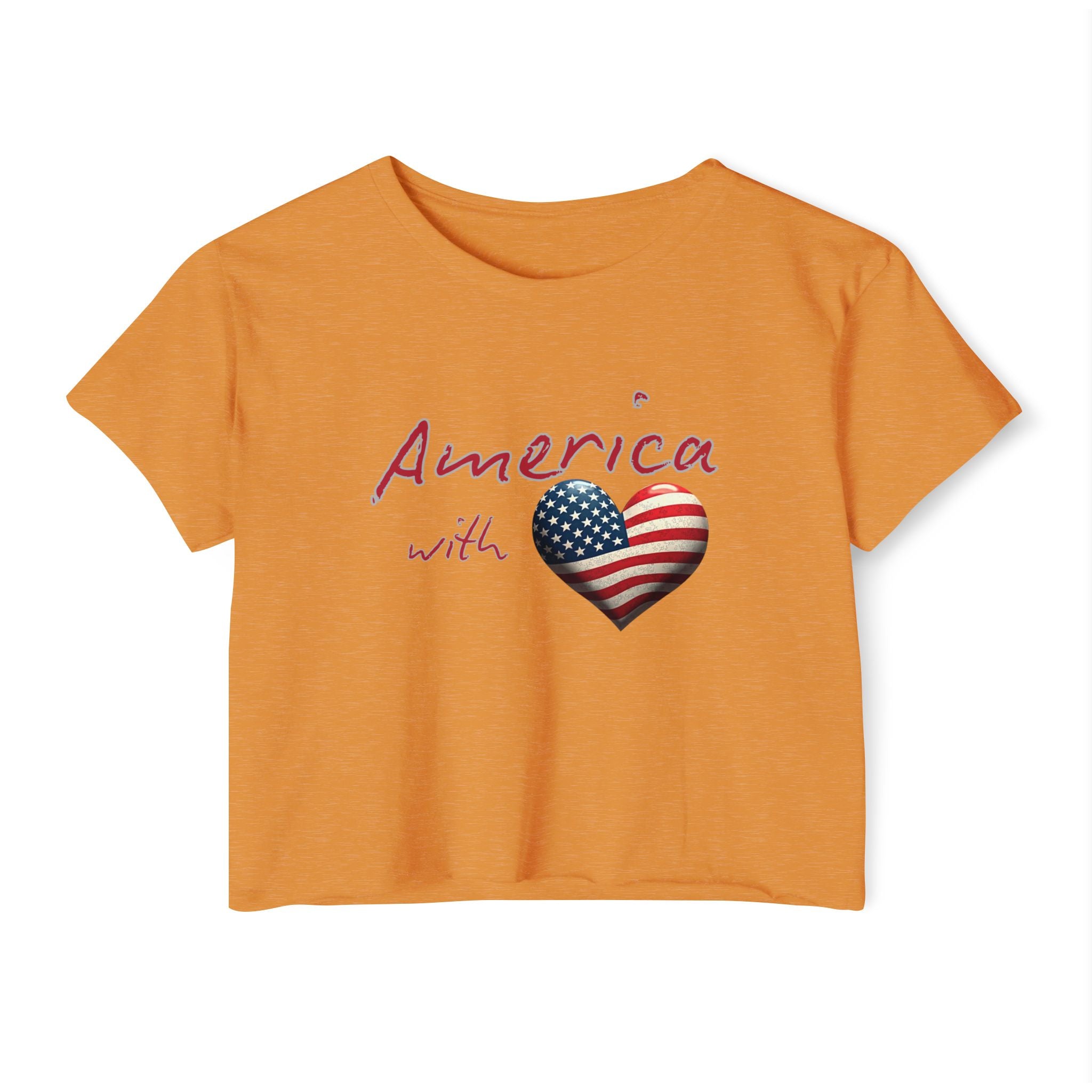 Antique gold orange t-shirt with 'America with heart' design featuring American flag on a white background