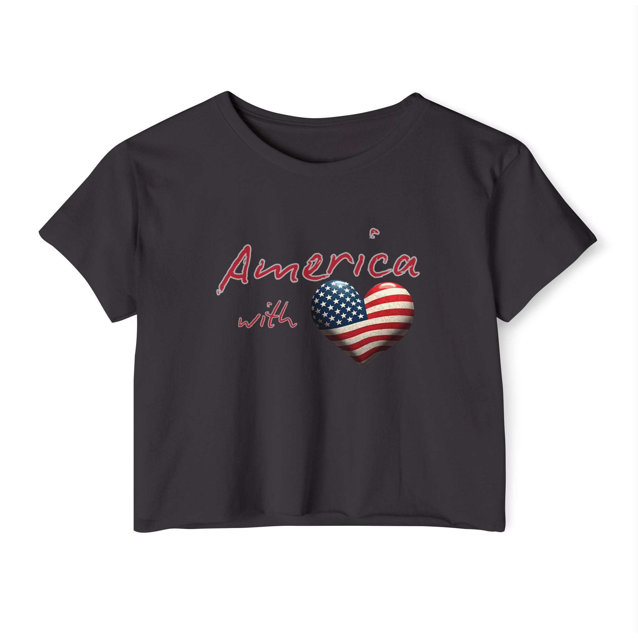 Black t-shirt with 'America with' text and heart-shaped American flag design on a white background