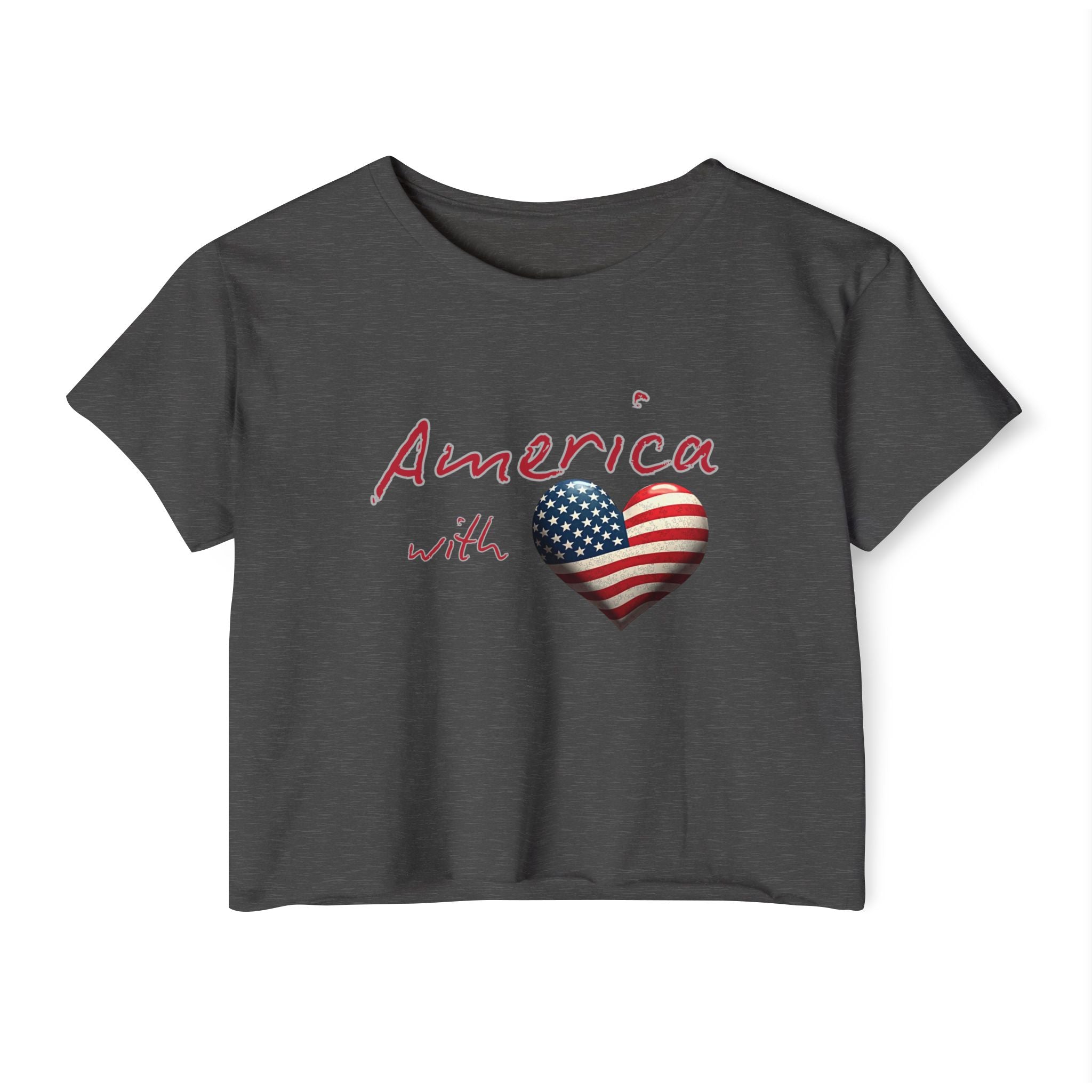 Charcoal gray t-shirt with 'America with' text and heart-shaped American flag design on a white background