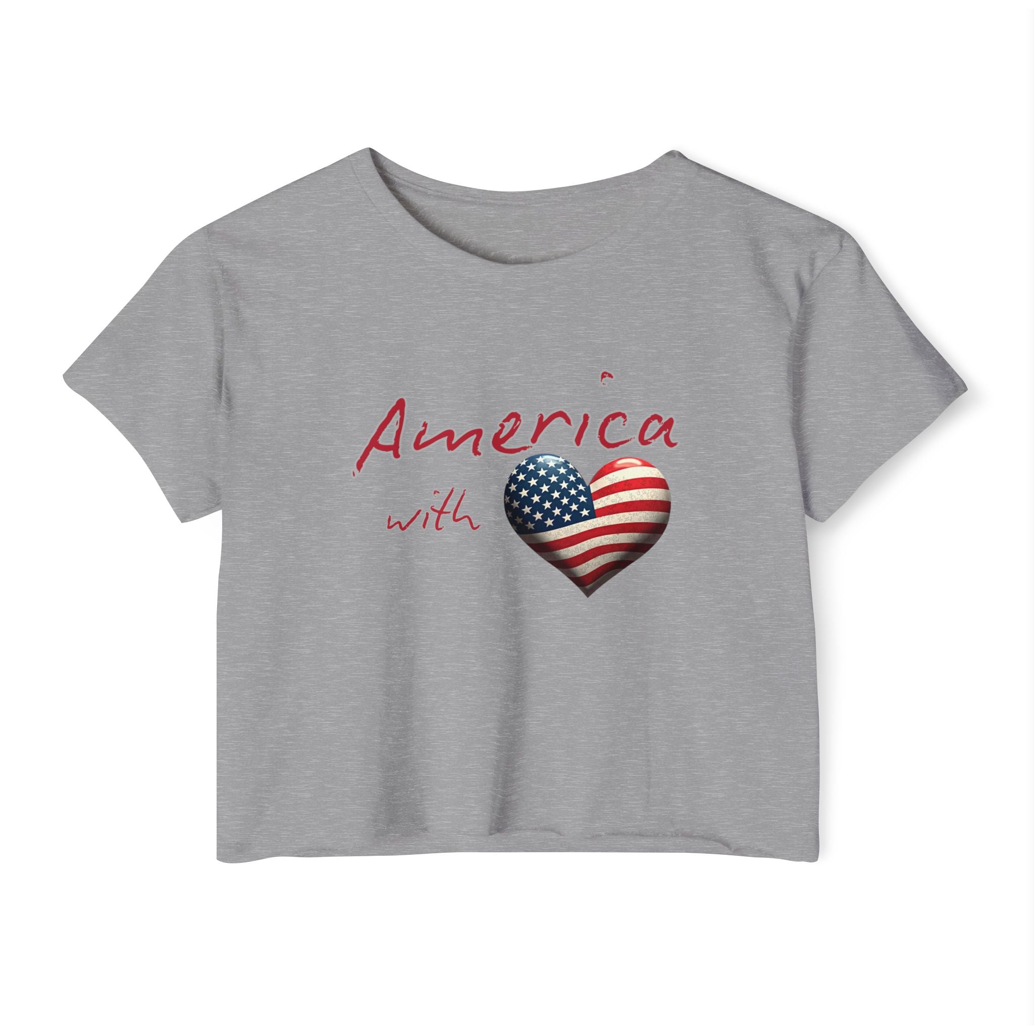 Gray t-shirt with 'America with' text and heart-shaped American flag design on a white background