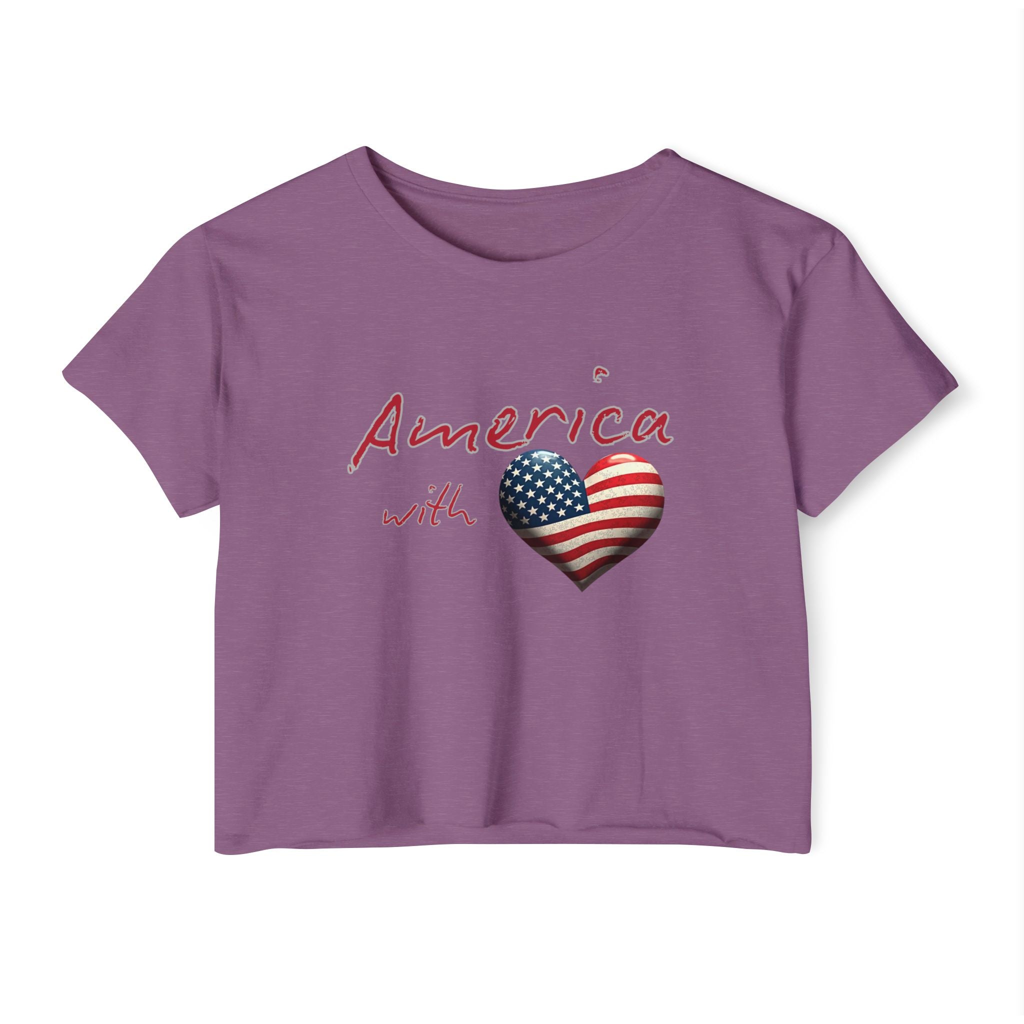 Shiraz purple t-shirt with 'America with' text and heart-shaped American flag design on a white background