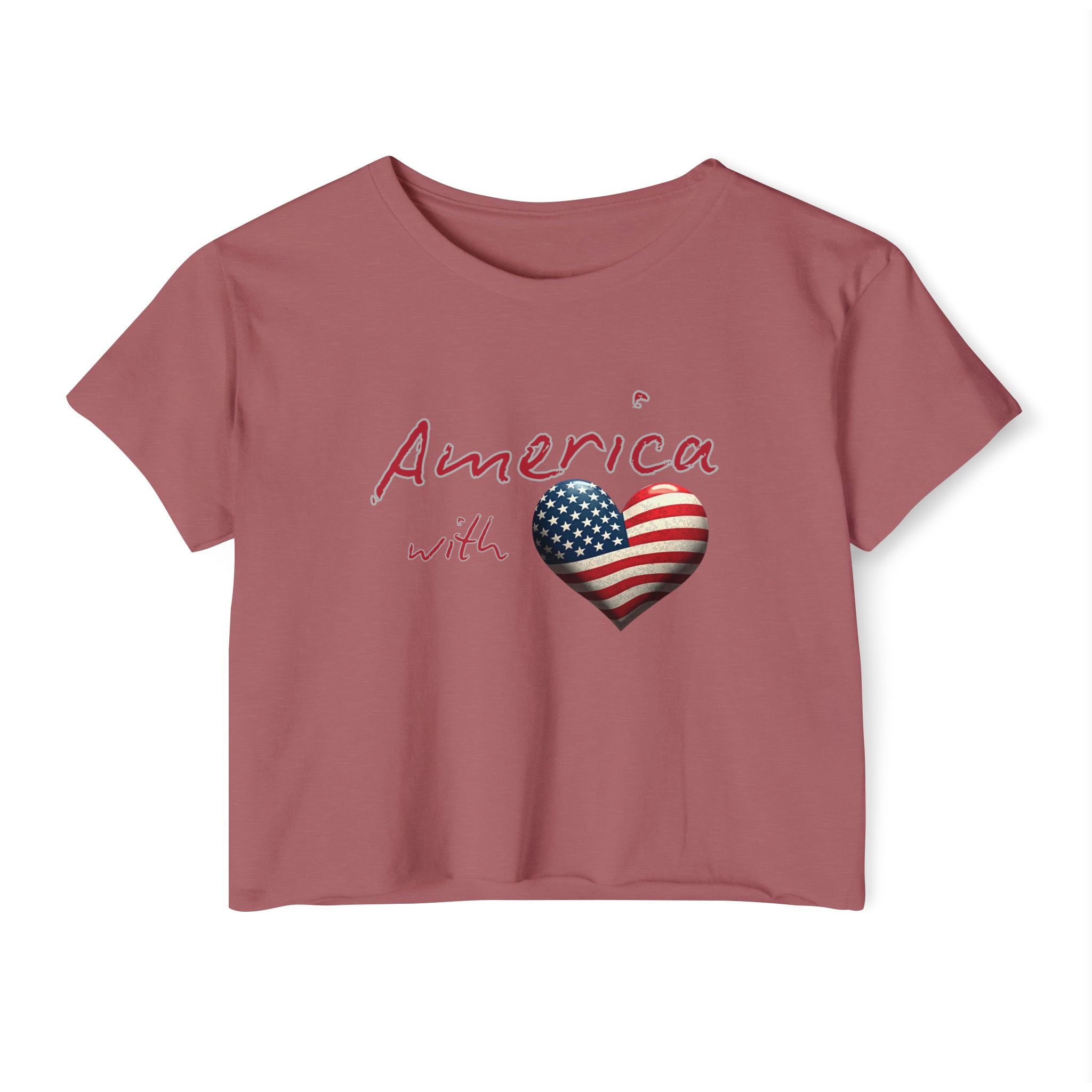 Smoked paprika t-shirt with 'America with a heart' design featuring an American flag on a white background