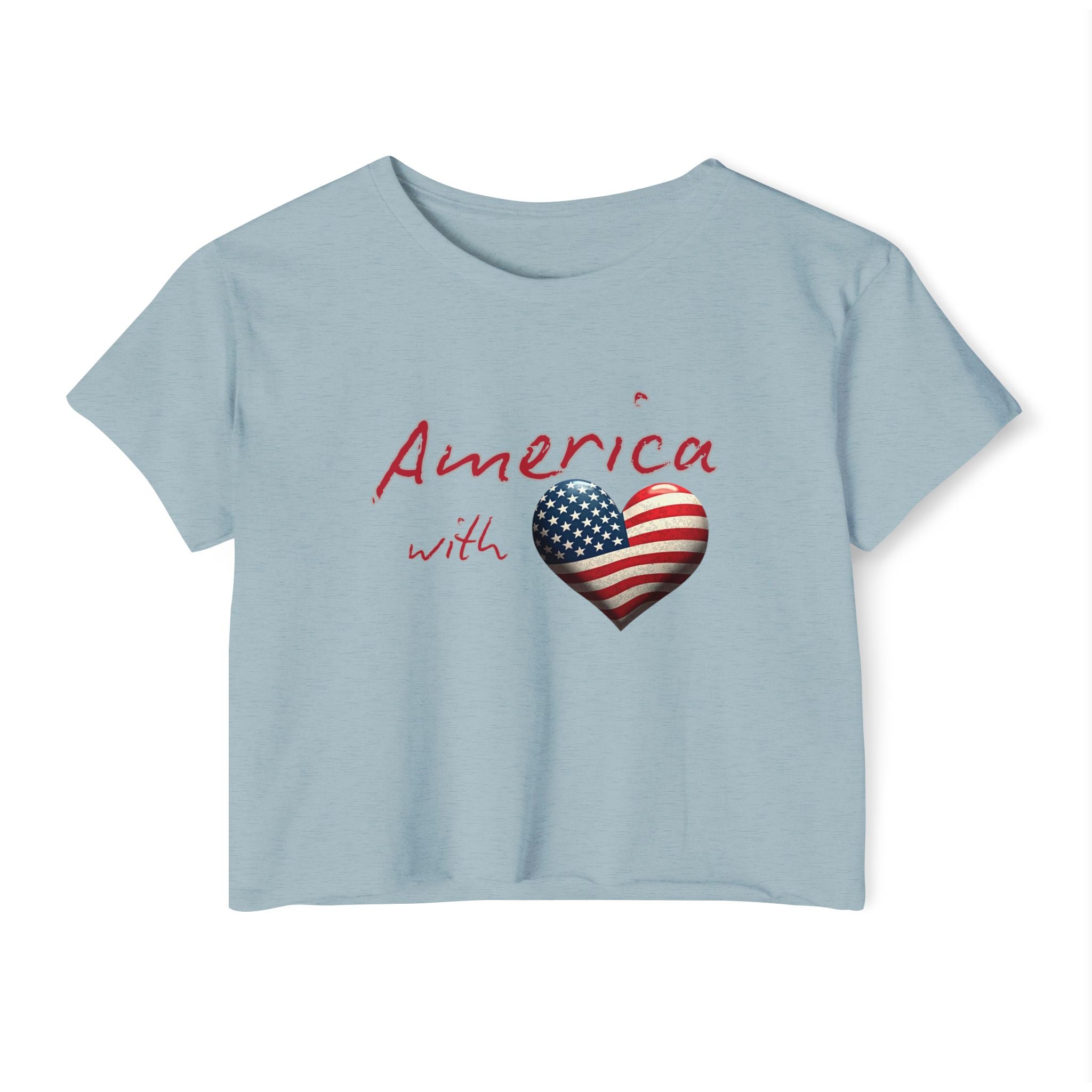 Stonewash denim light blue t-shirt with 'America with' and heart-shaped American flag design on a white background
