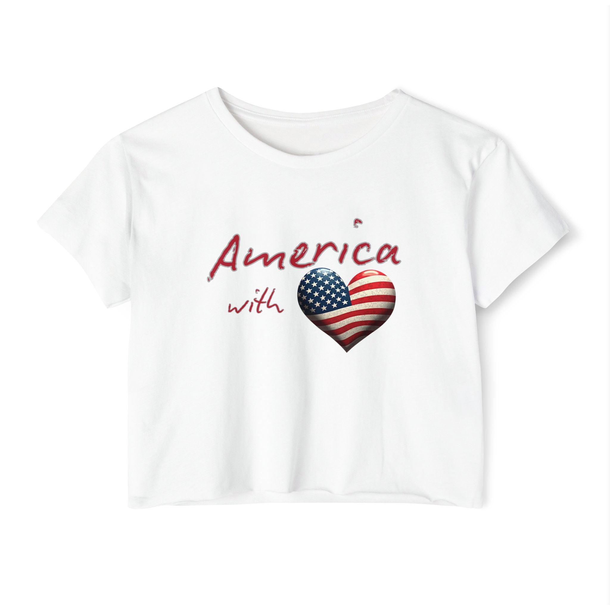 White t-shirt with 'America with' text and American flag heart design on a white background