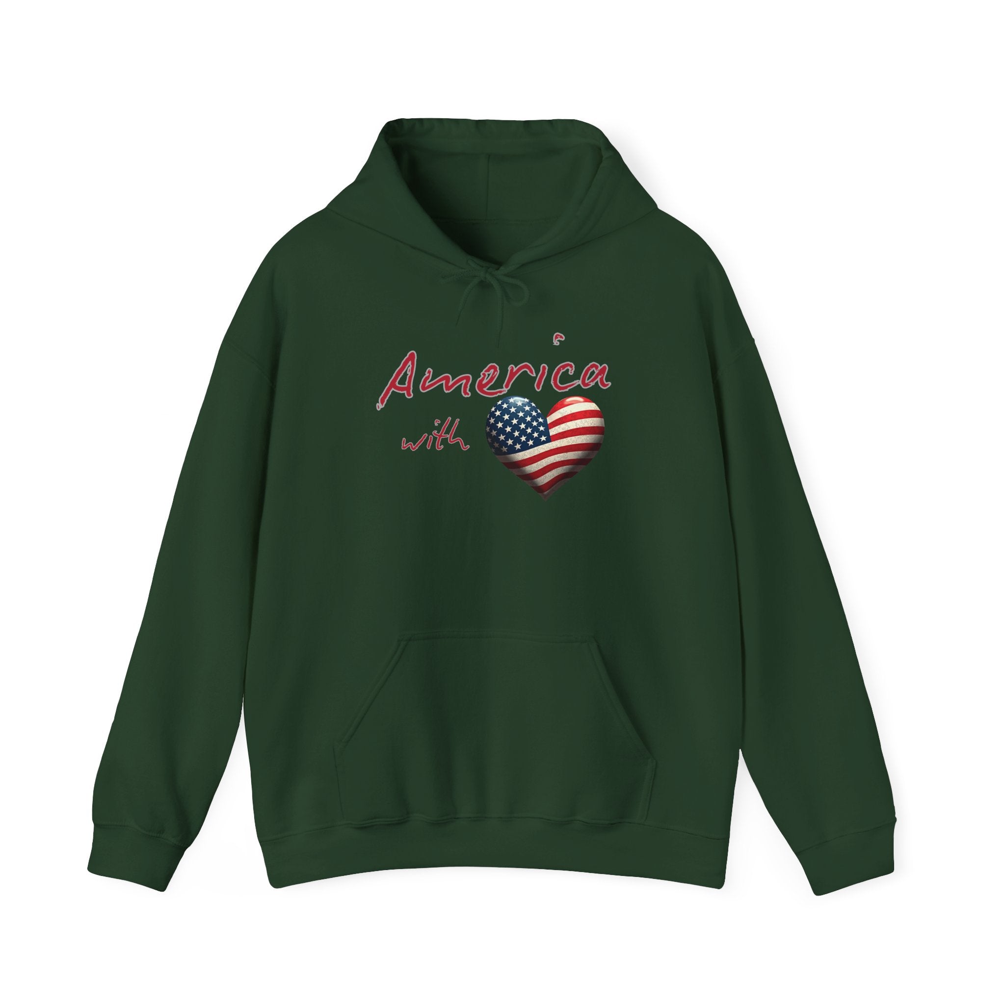 Forest green hoodie with 'America with Heart' design on a white background