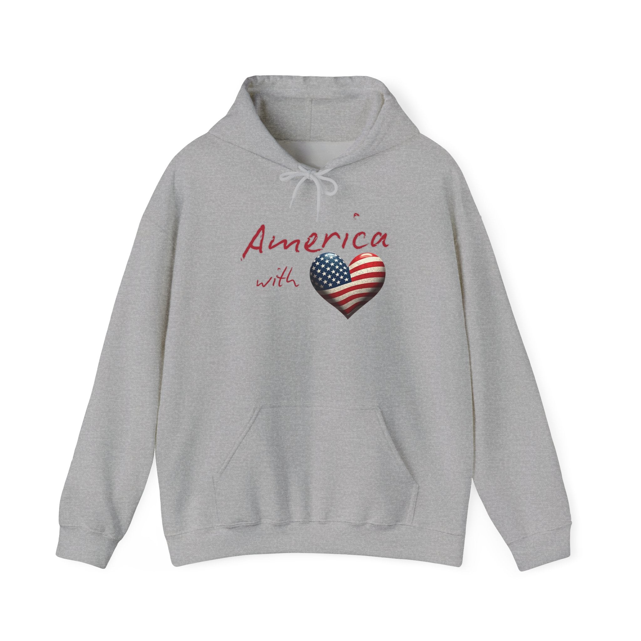 Gray hoodie with 'America with a heart' design on a white background