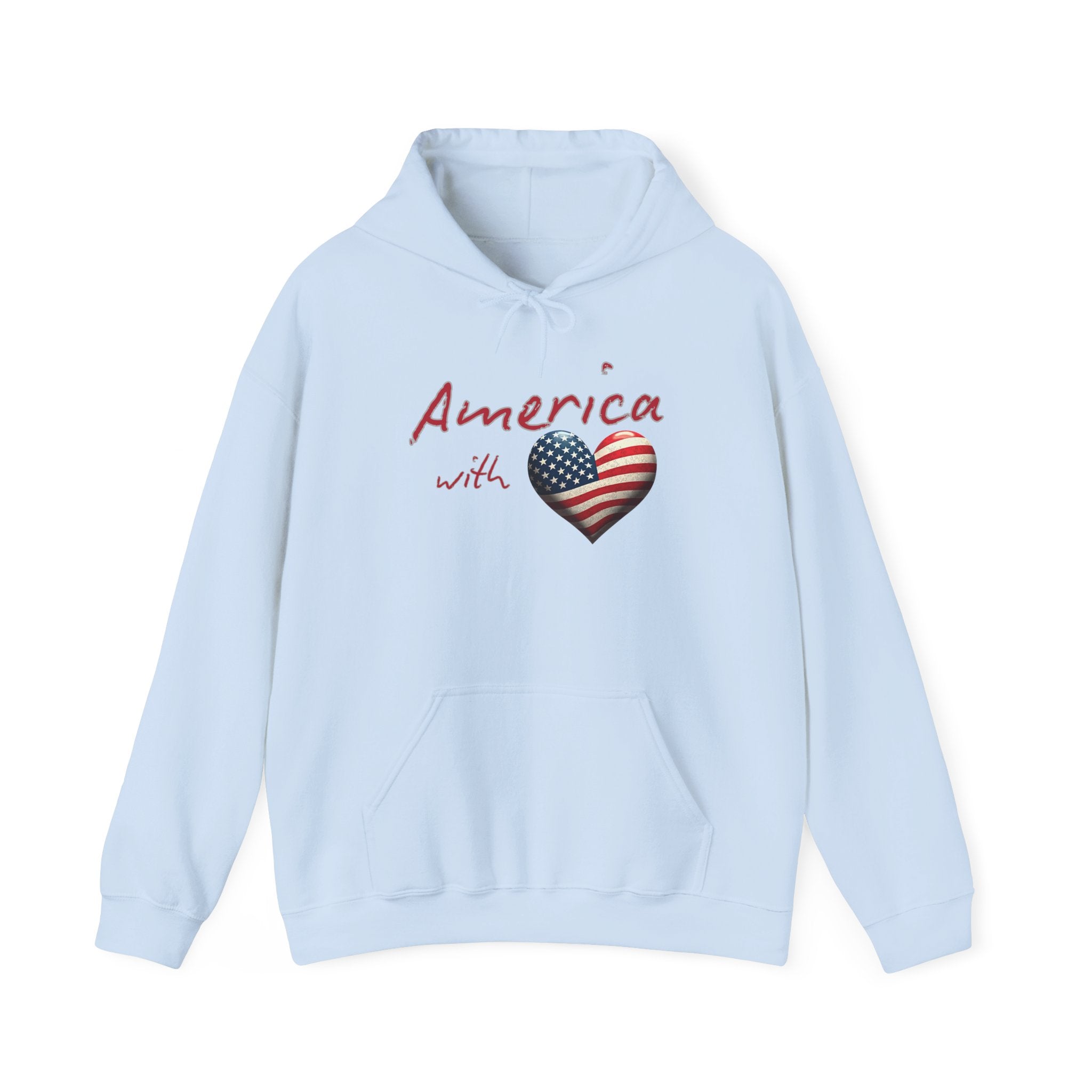 Light blue hoodie with 'America with a heart' design on a white background