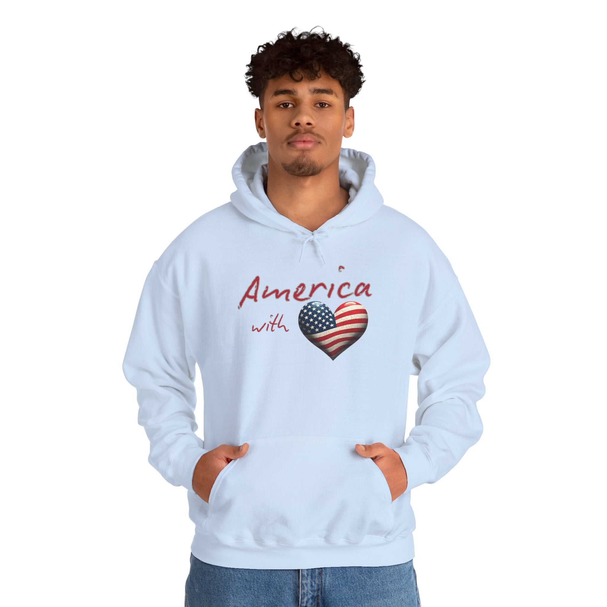Person wearing a light blue hoodie with 'America with Heart' design on a white background