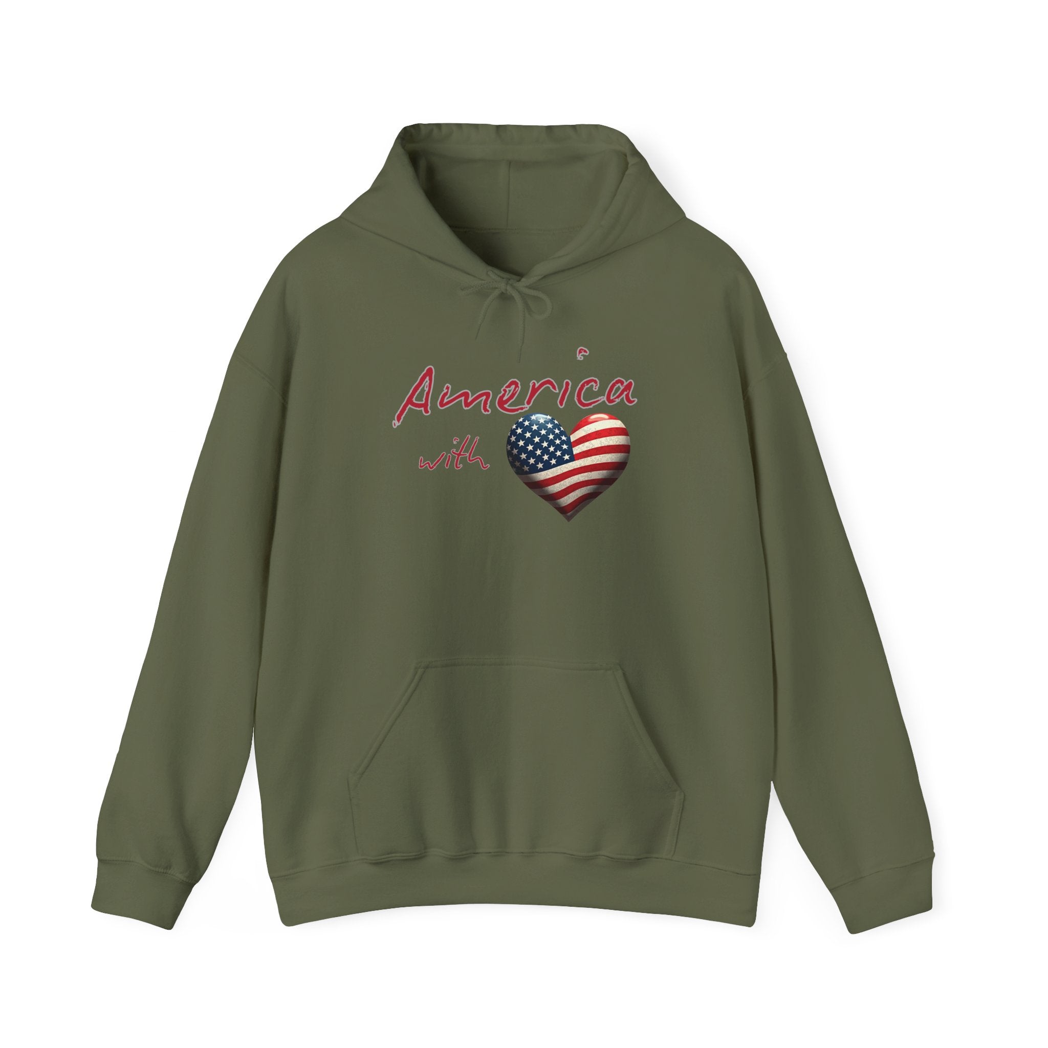 Military green hoodie with 'America' and heart design on a white background