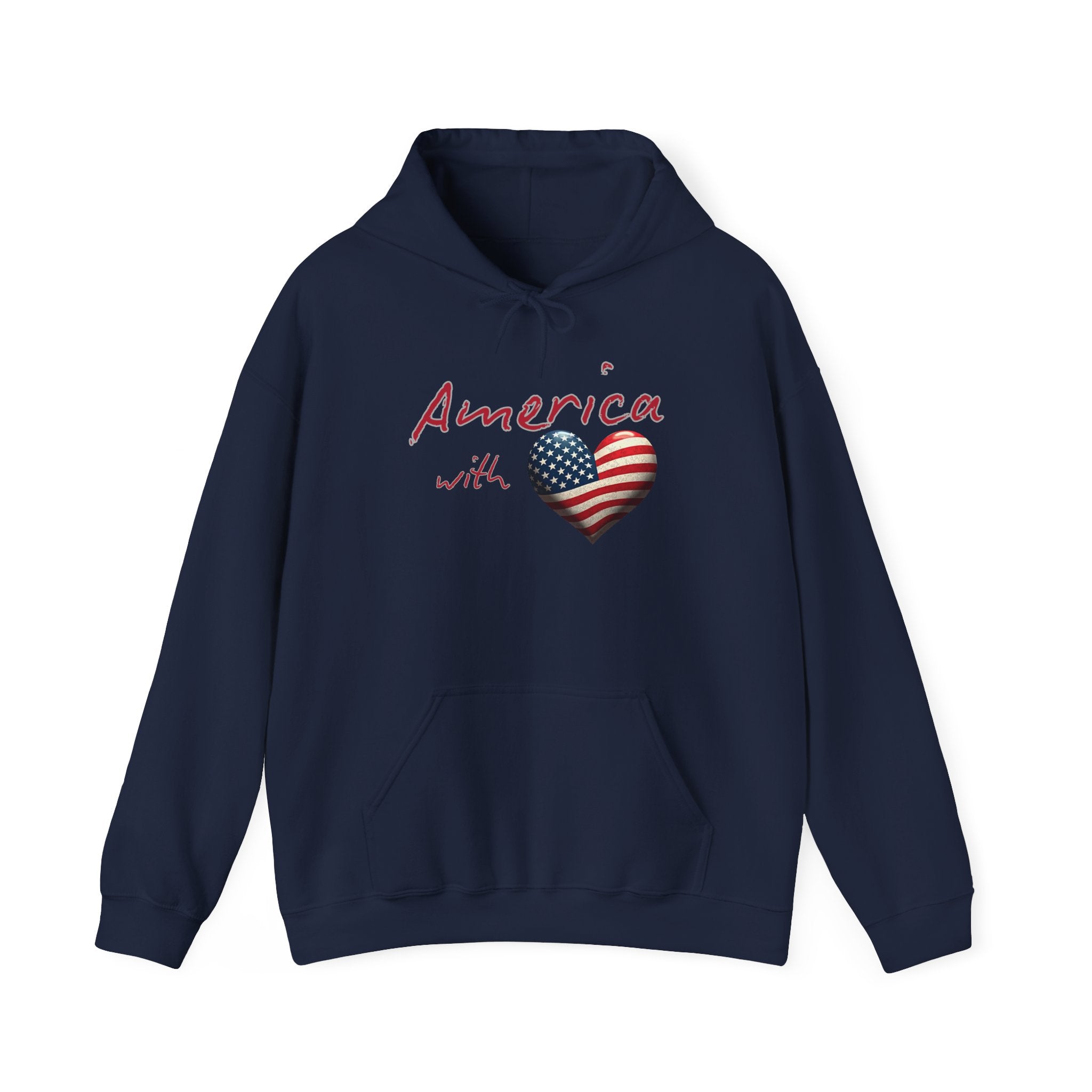 Navy blue hoodie with 'America with Heart' design on a white background