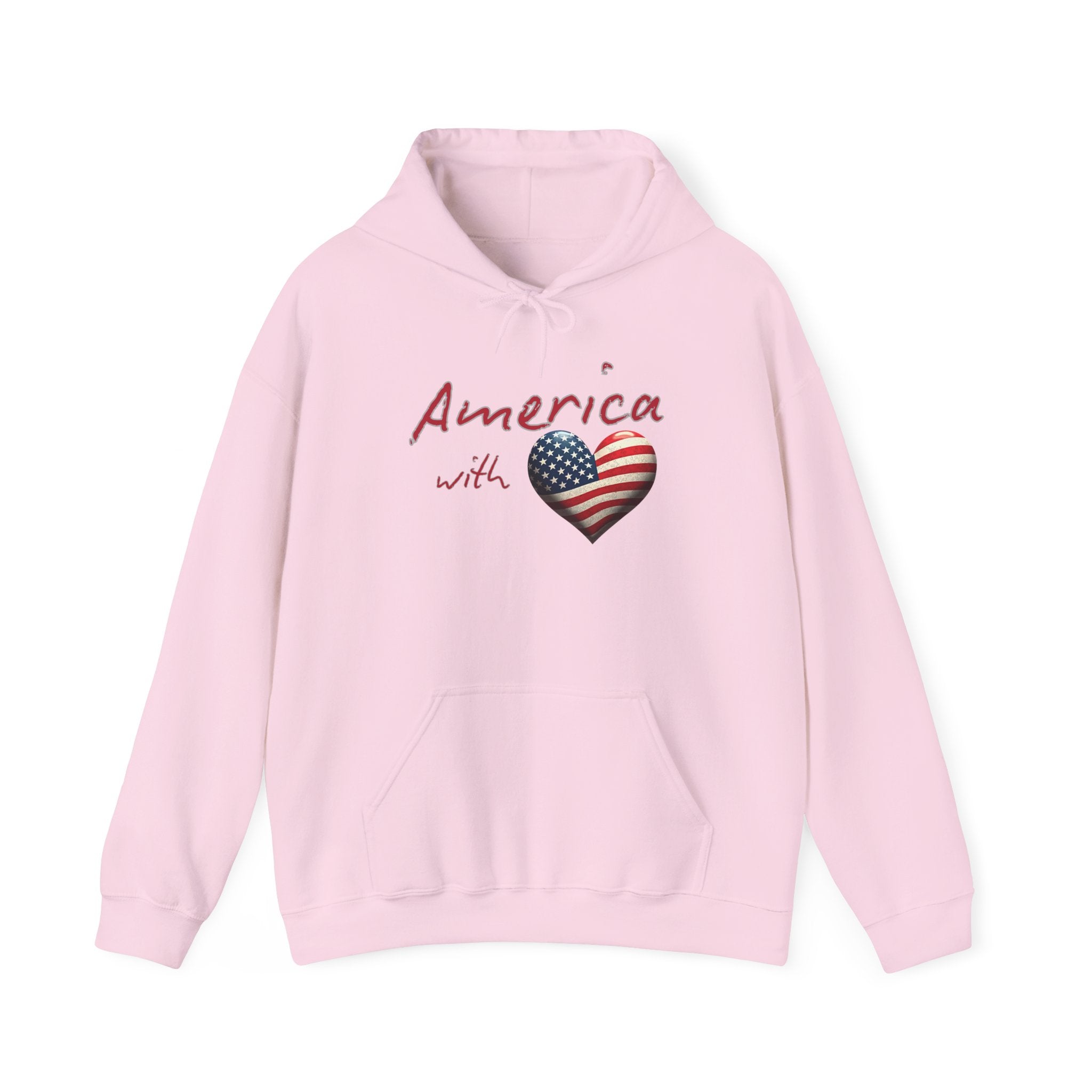 Pink hoodie with 'America with Heart' design on a white background