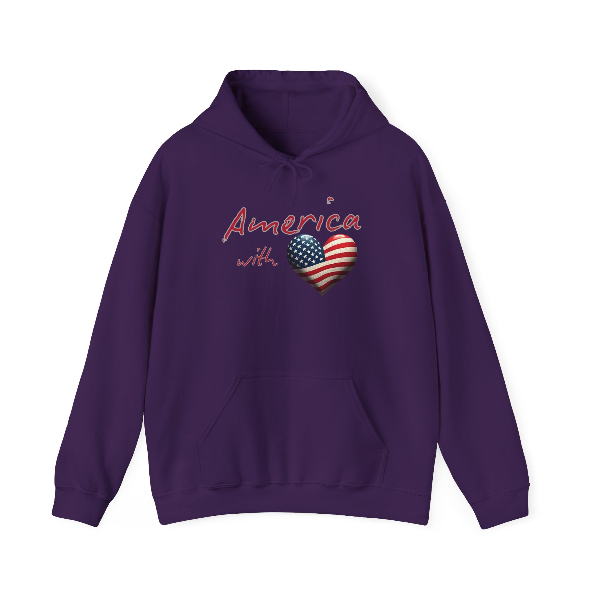 Purple hoodie with 'America with Heart' design on a white background