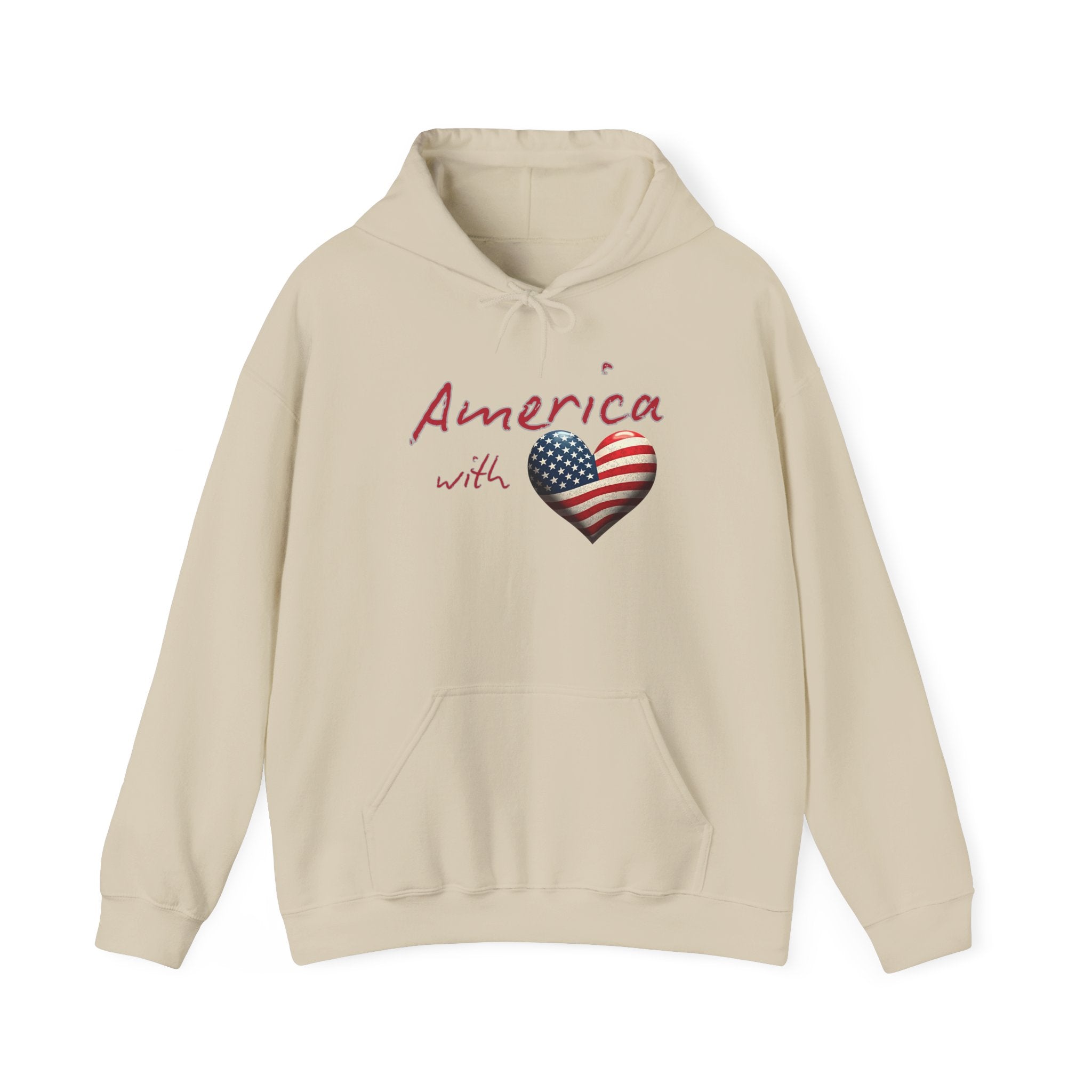 Beige hoodie with 'America with Heart' design on a white background