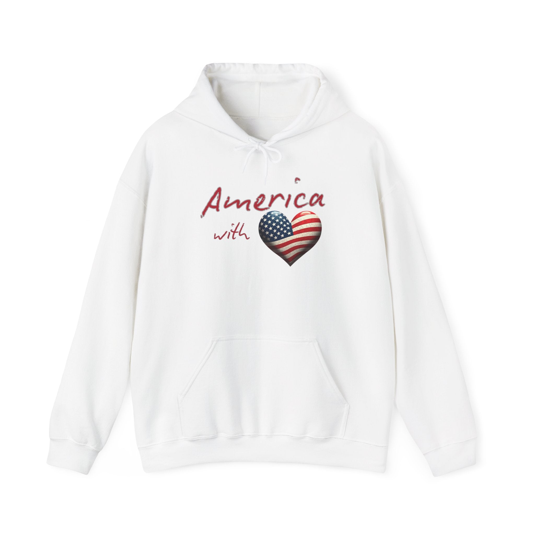White hoodie with 'America with a heart' design on a white background