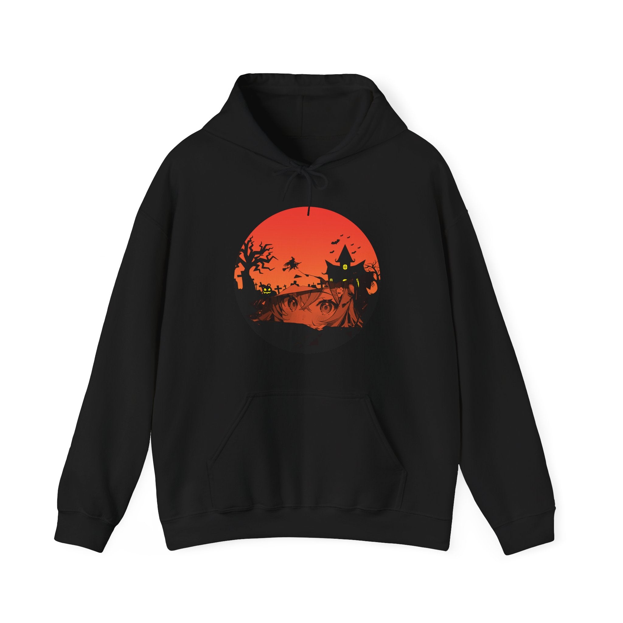 Black hoodie with a red graphic design of anime eyes and witch haunted kingdom on a white background