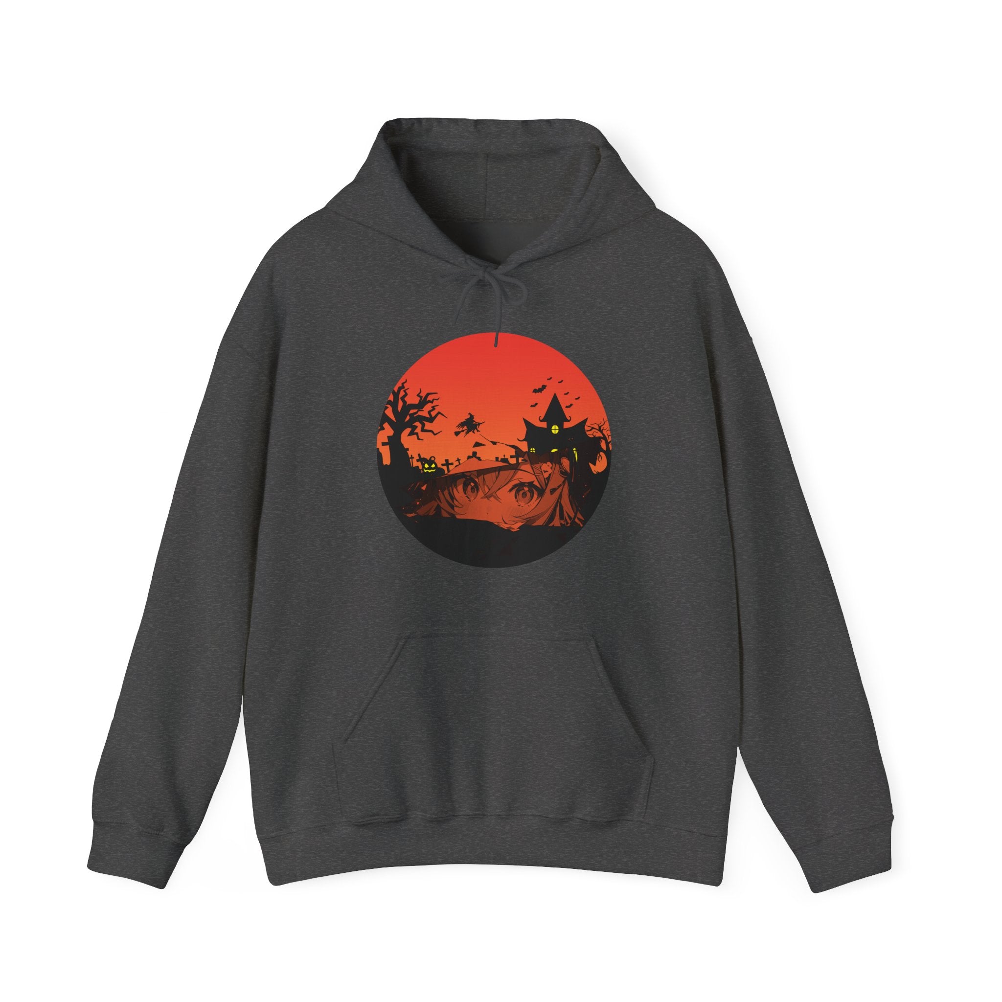 Gray hoodie with a red graphic design of anime eyes and witch haunted kingdom on a white background
